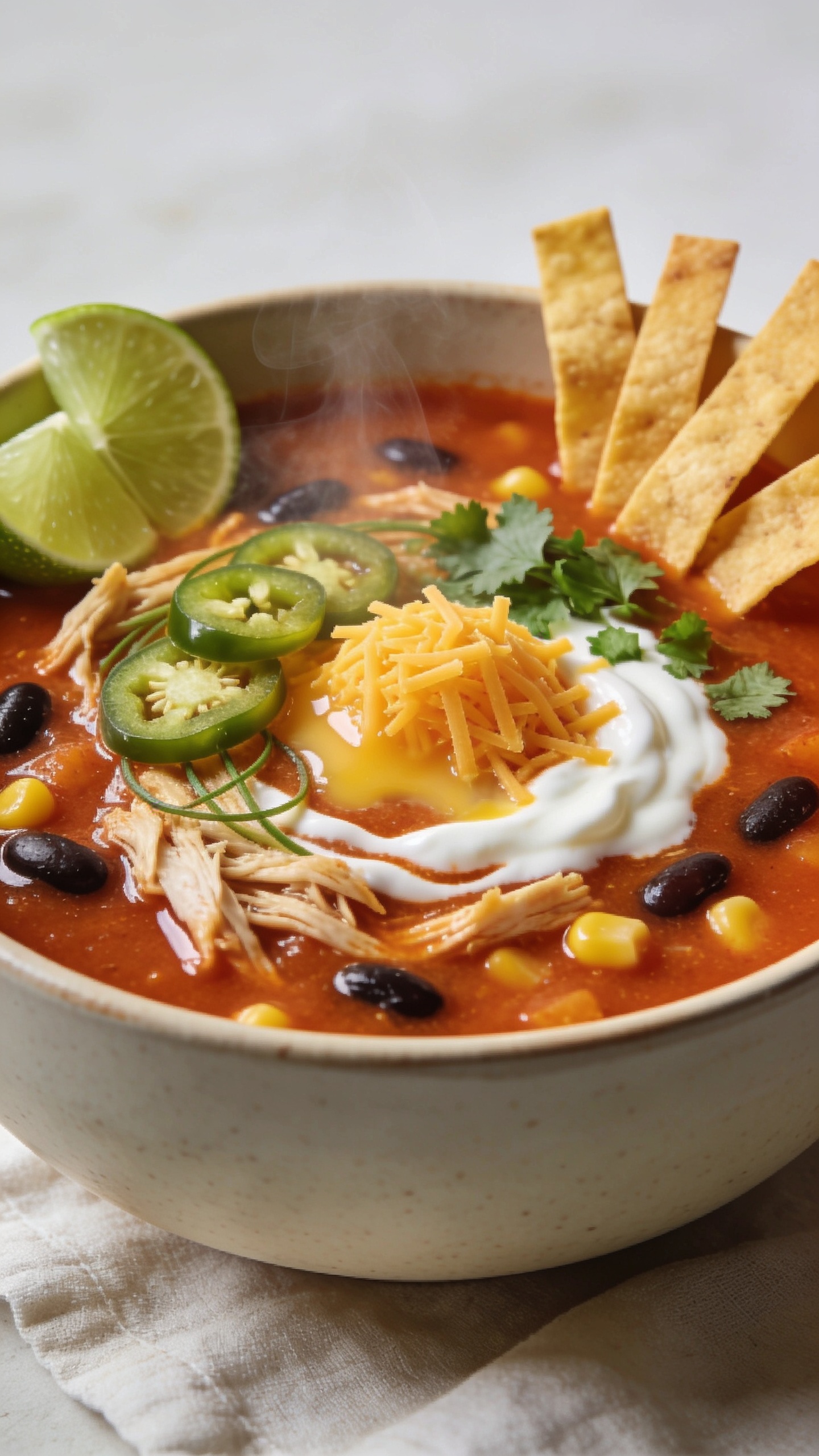 Ultra-close hero shot of a steaming bowl of high-protein crockpot chicken enchilada soup, filling 90â95% of the frame. Rich, brick-red enchilada broth with a silky, slightly creamy sheen from Greek yogurt; tender shredded chicken strands, black beans, and corn kernels visible through the glossy surface. Garnished consistently: a small mound of shredded cheddar melting at the center, a dollop swirl of Greek yogurt marbled into the surface, thinly sliced jalapeños, chopped cilantro, and a squeeze of lime evident from a couple of small lime wedges resting at the rim. A few golden, crisp tortilla strips fanned over the top. Shot in bright natural side light with shallow depth of field, subtle steam rising, neutral matte bowl on a light linen, warm, cozy Tex-Mex color palette.