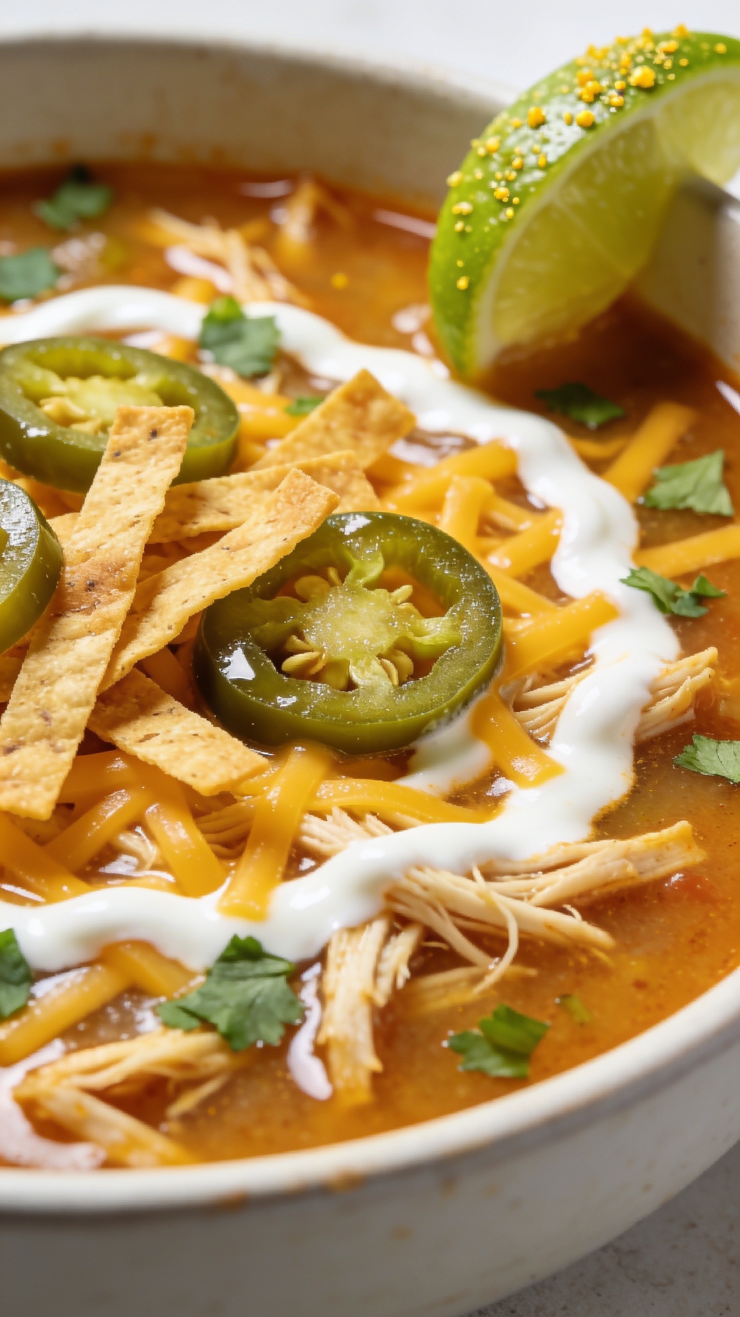 Macro close-up from a low 45-degree angle of the same finished soup, emphasizing texture and toppings. Focus on the surface where shredded chicken fibers, glossy broth, and melty cheddar meet; Greek yogurt marbling creates creamy ripples. Crisp tortilla strips add crunchy contrast, jalapeño slices glisten, and flecks of cilantro look freshly chopped. A lime wedge at the rim with a hint of zest texture. Bright natural side lighting, shallow depth of field isolating the front edge of the bowl, food dominating the frame, vibrant colors and luxe, cozy ambiance consistent with the first images.