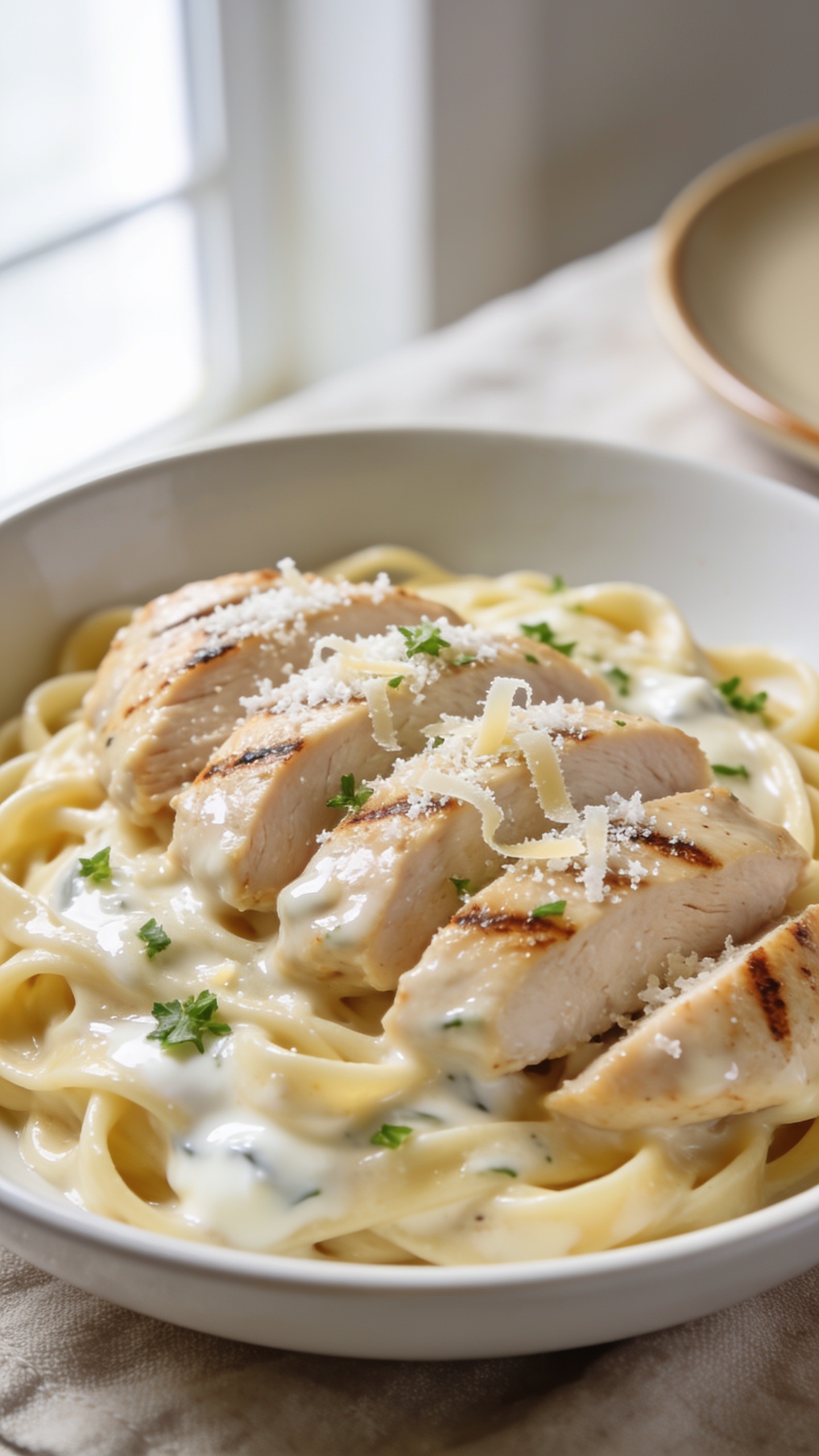 Ultra-close hero shot of high-protein Crockpot Chicken Alfredo plated in a shallow white bowl, fettuccine coated in a silky, glossy Alfredo made with Greek yogurt, light cream cheese, and Parmesan, topped with juicy sliced chicken breast, a light snowfall of freshly grated Parmesan, micro-shaved curls visible, and a sprinkle of finely chopped parsley. Sauce clings to each noodle with a subtle sheen; chicken is moist with faint sear marks. Bright natural window light from the left, soft bounce fill on the right, shallow depth of field with creamy bokeh. Neutral linen and a hint of a beige ceramic plate rim as background blur. Food fills 90â95% of frame, colors warm and inviting, no text or hands.