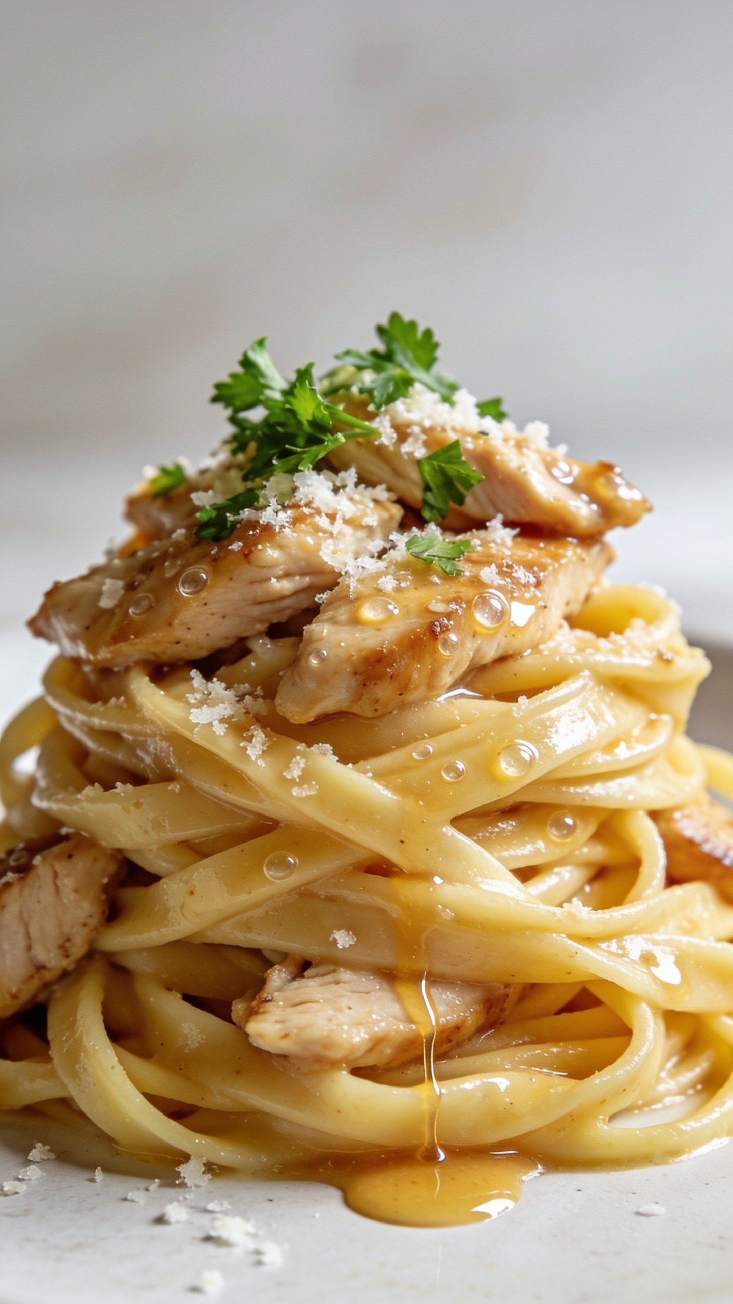 Extreme close-up from a low 3/4 angle of the same plated Chicken Alfredo as a tight composition focusing on textures: fettuccine piled high with a luscious, glossy coating, juicy slices of chicken nestled throughout, micro-beads of sauce catching light, fine-grated Parmesan melting into the surface, and fresh parsley sprinkled on top. A subtle drizzle line of sauce pools lightly at the base of the noodles for shine. Bright natural light, shallow depth of field, clean neutral background blur consistent with the hero shot. Food dominates 90â95% of frame, premium food-blog styling, no text, no hands.