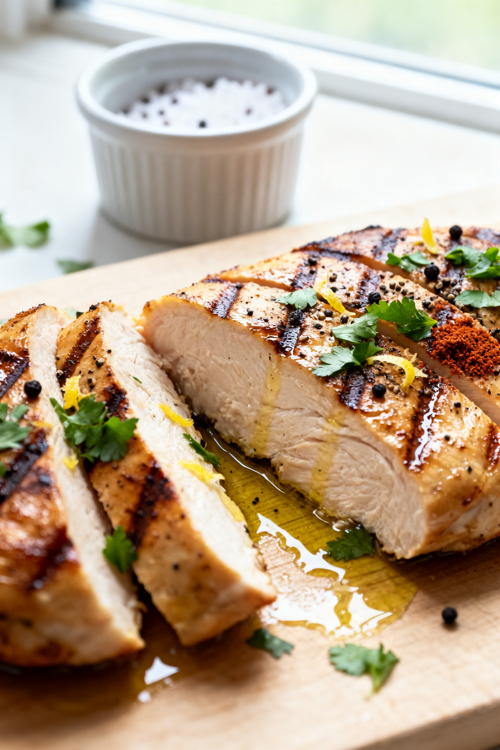 Close-up detail: Juicy grilled chicken breast slices fanned on a cutting board, glistening with oliv