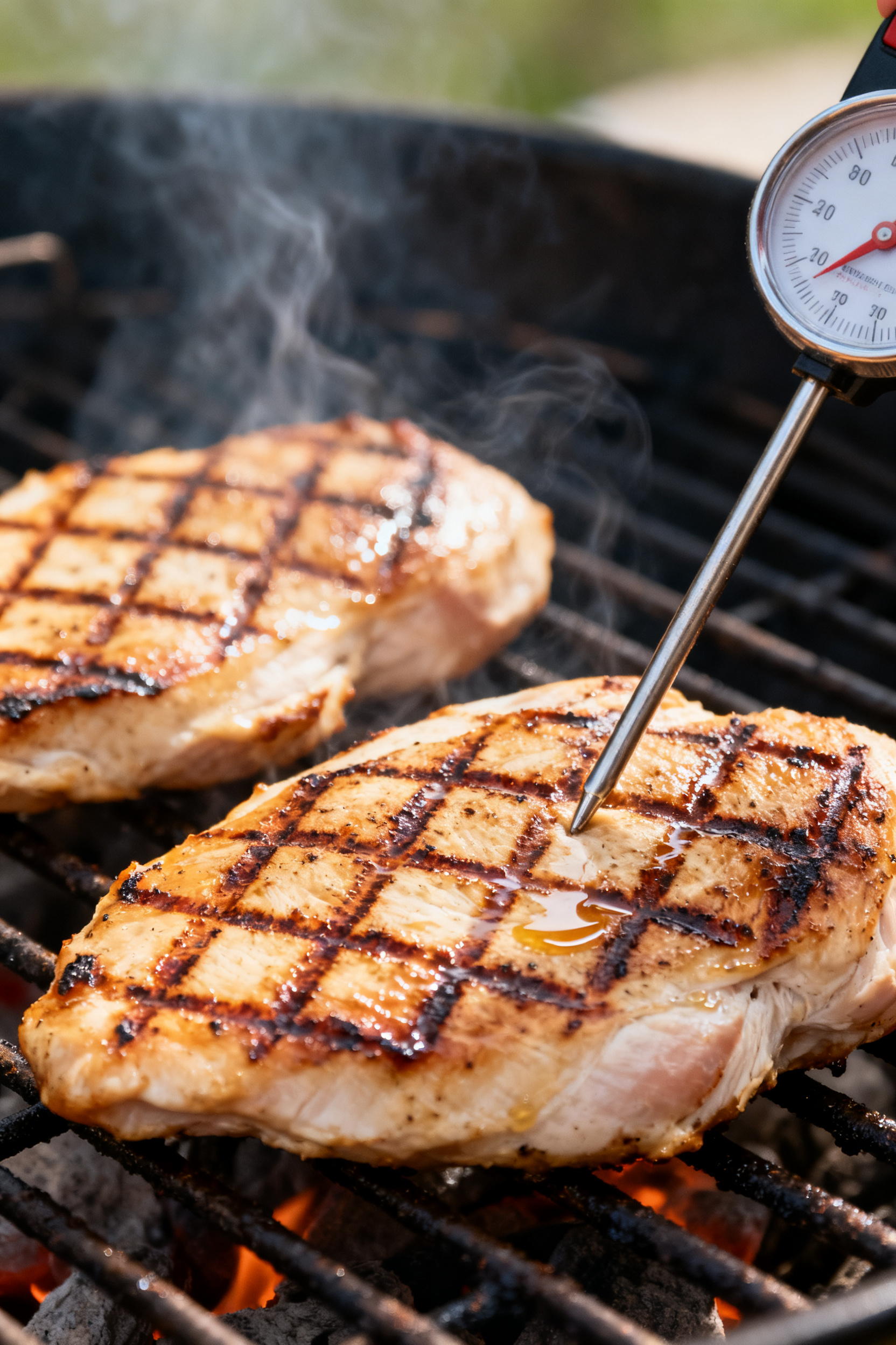Cooking process: Chicken breasts sizzling on hot grill grates at medium-high heat, pronounced crossh