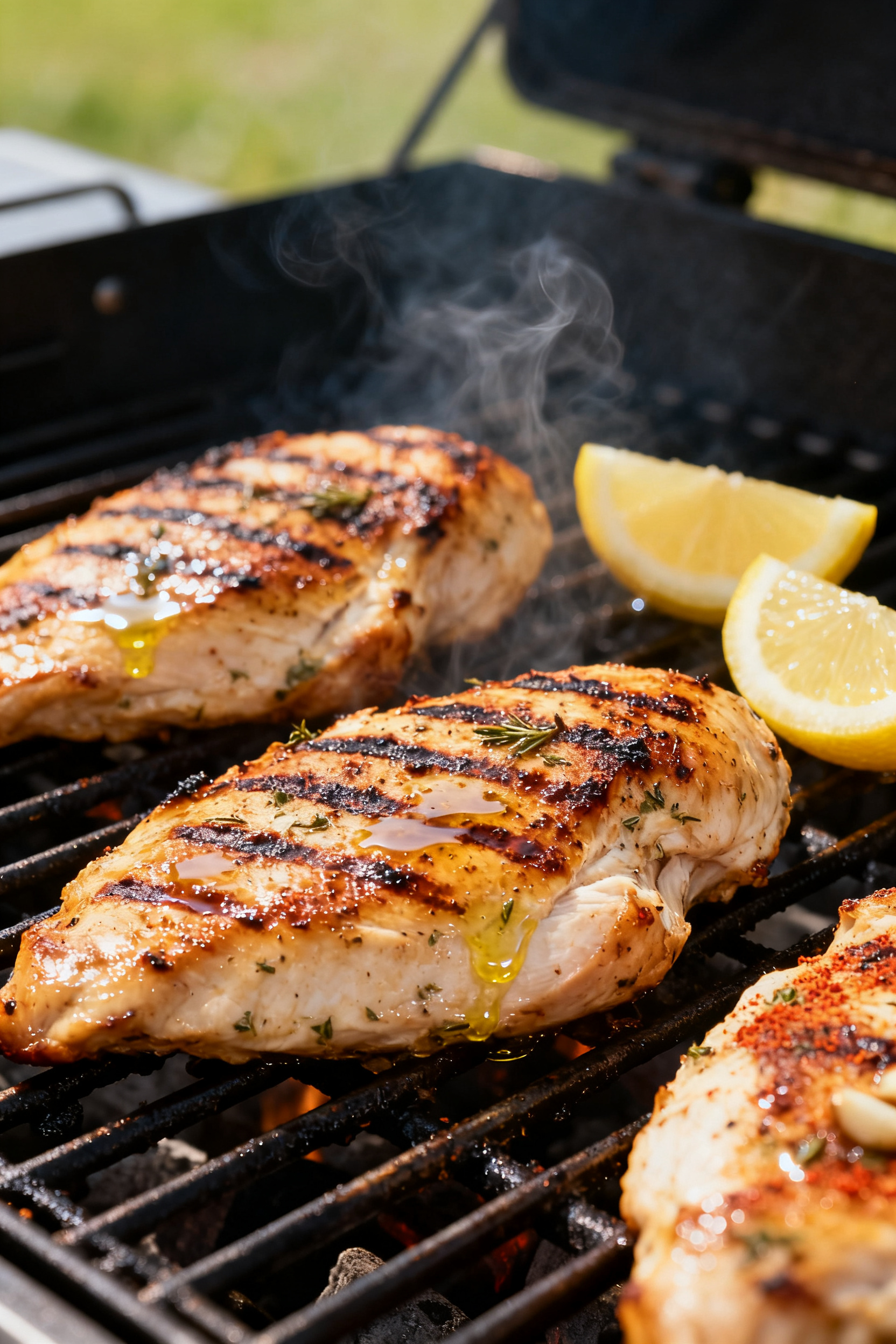Cooking process close-up: Juicy grilled chicken breasts on hot grill grates, deep golden sear with v