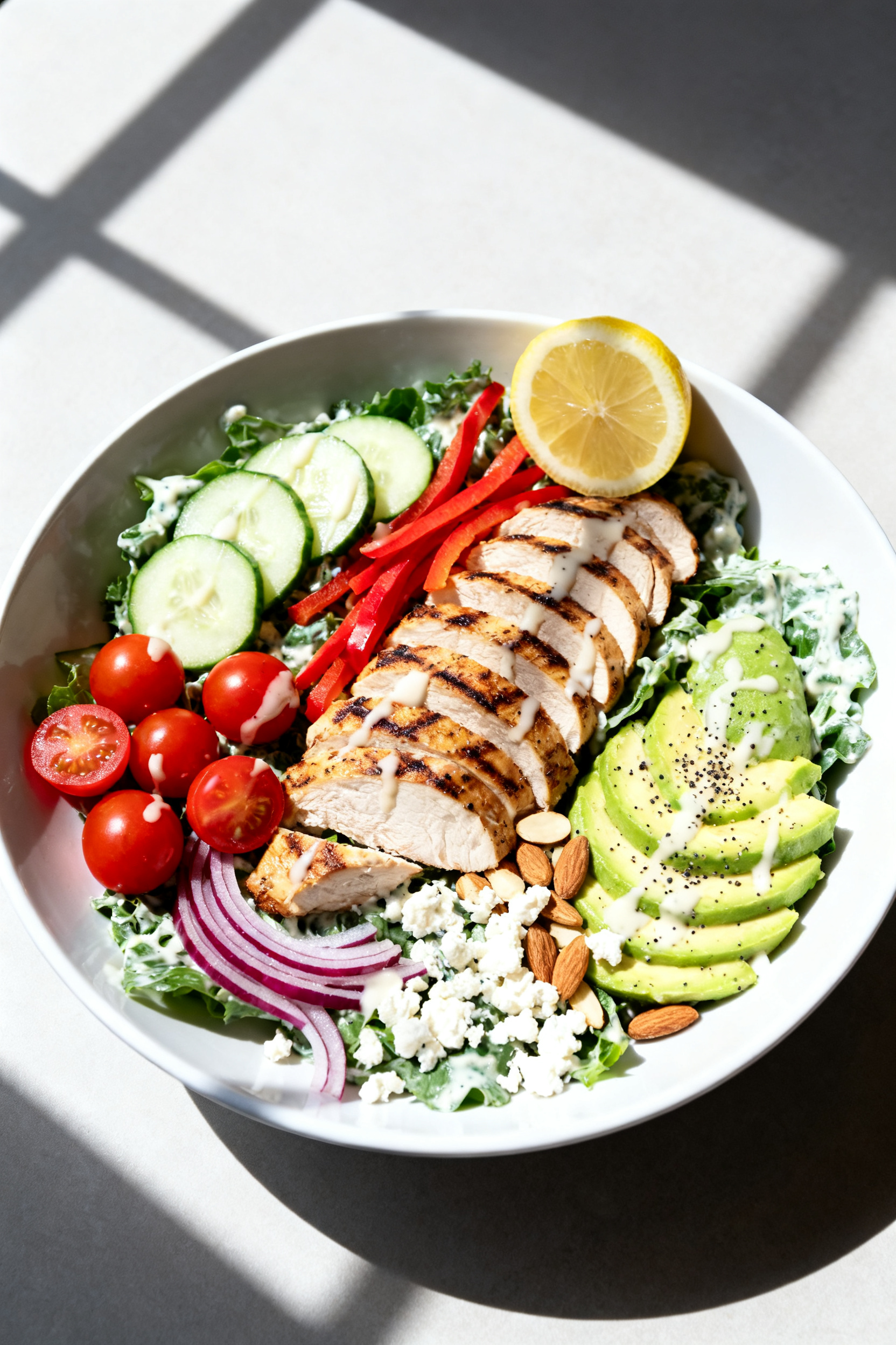 Final plated hero: Beautifully plated High Protein Grilled Chicken Salad in a wide, shallow white bo