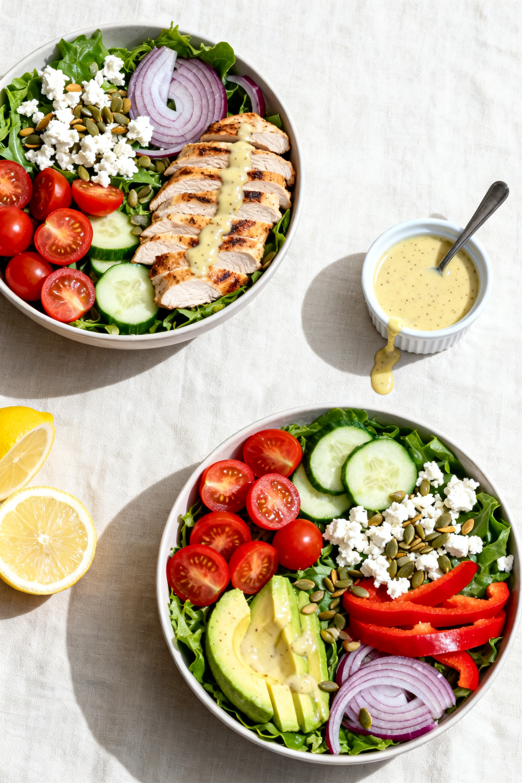 Tasty top view (meal-prep angle): Overhead shot of composed salad bowls on a light linen—greens to