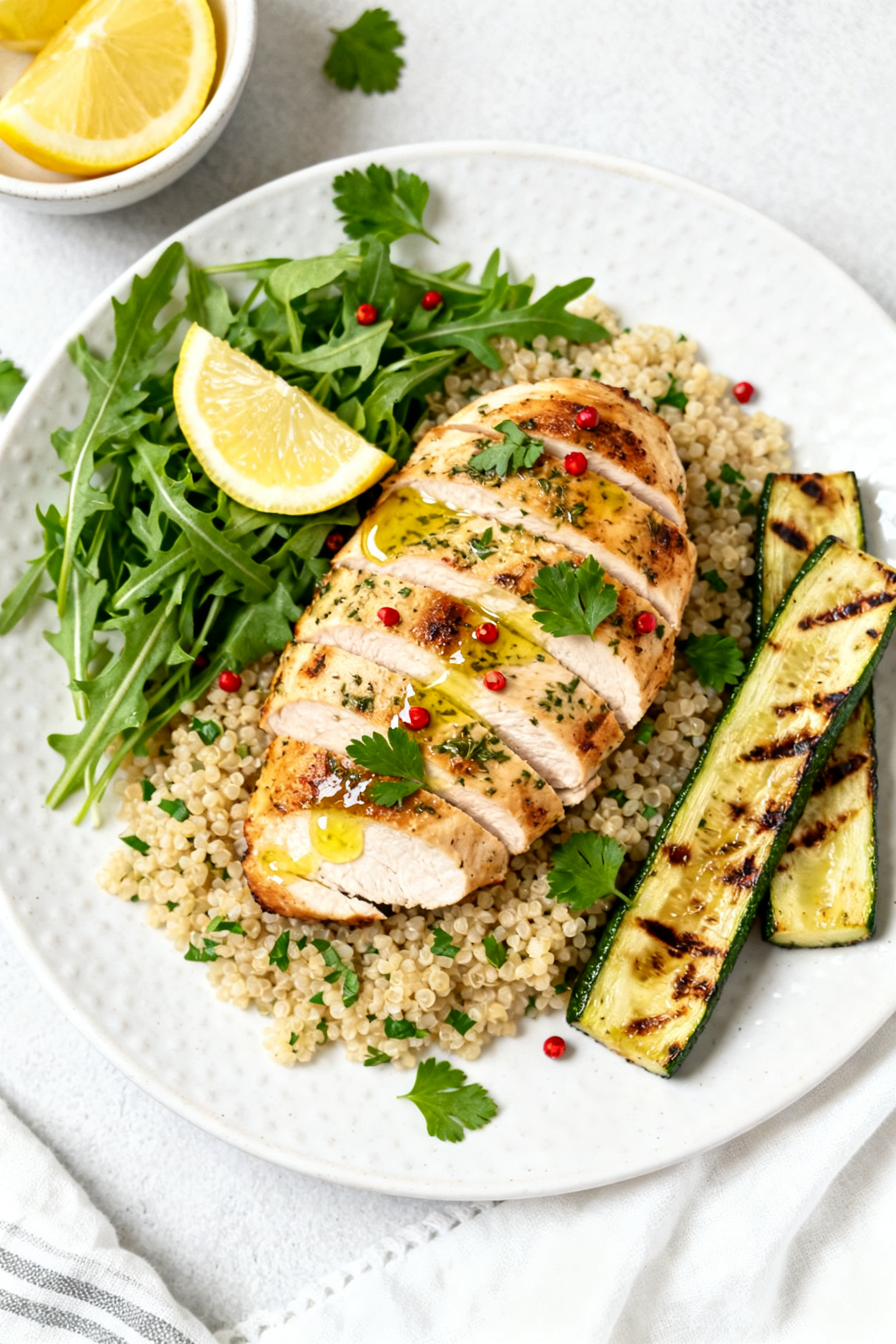 Tasty top view: Overhead shot of a final plated High Protein Garlic Herb Grilled Chicken Breast, sli