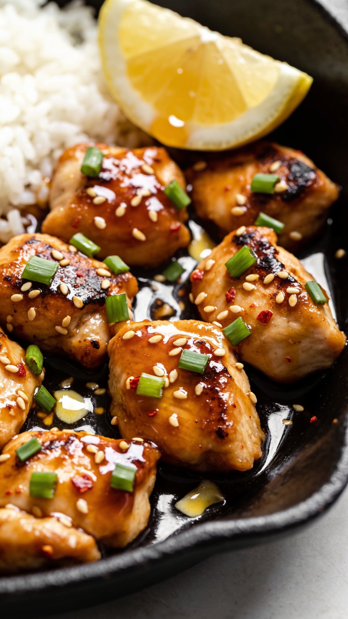 Ultra-close hero shot of sticky honey garlic chicken bites in a black cast-iron skillet, glistening with a thick caramelized honey-soy-garlic glaze; evenly seared boneless skinless chicken thigh pieces with light charred edges, scattered with finely sliced bright-green scallions and toasted sesame seeds, tiny red pepper flake specks visible; a fresh lemon wedge tucked at the edge of the skillet with a faint squeeze sheen on the sauce; glossy butter-finished sauce pooling in the skillet’s curve and lightly clinging to each piece; served beside fluffy white rice barely visible at the far edge for context; bright natural window light, shallow depth of field, 90–95% frame filled with food, rich contrast and premium food-blog styling, no text, no hands.