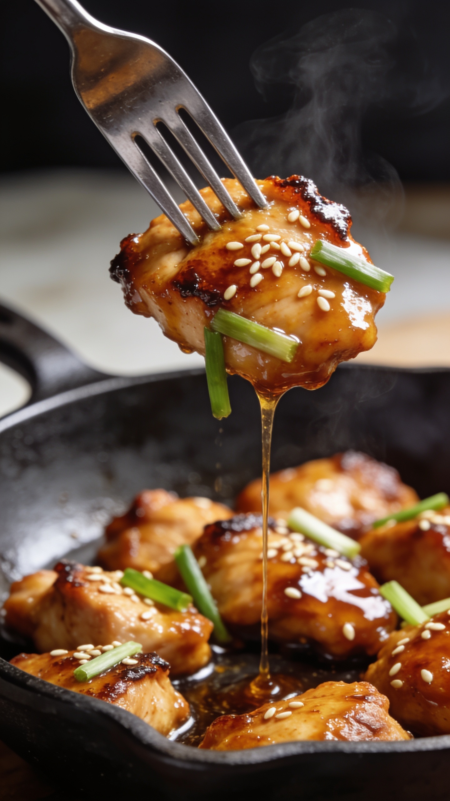Dynamic action close-up: a fork lifting the perfect bite of honey garlic chicken straight from the skillet, one thick, glossy piece with caramelized edges and sesame seeds glistening, thin trails of sticky sauce stretching from the fork back to the skillet; a few scallion slices clinging to the chicken, a hint of steam rising; background blur shows more saucy chicken chunks and the skillet’s curved rim; bright natural lighting, shallow depth of field, 90–95% frame filled with food, intense shine and texture, no hands visible—only the fork and irresistible bite frozen a heartbeat before it reaches the mouth.