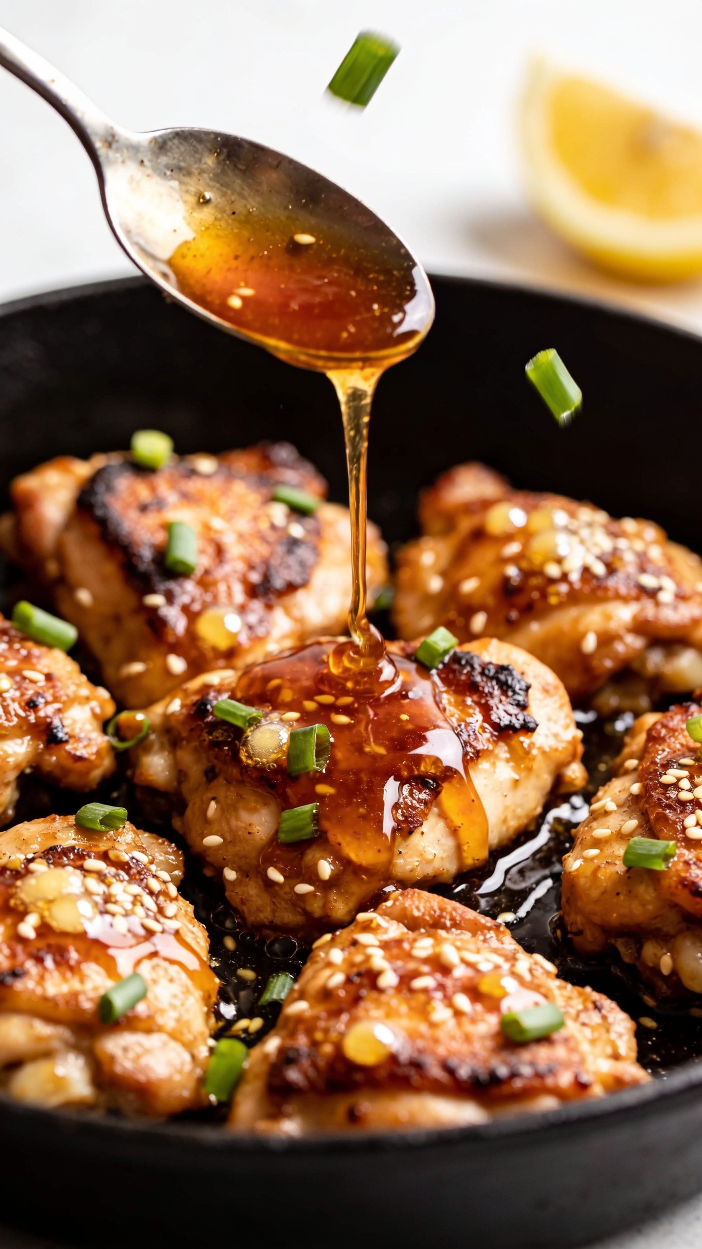 Dramatic close-up angle focusing on the sauce sheen: spoon-drizzled honey-garlic glaze cascading over clustered chicken thigh pieces in the skillet, forming glossy rivulets that collect in caramelized pools; crisped edges, sesame seeds, and micro-beads of buttered glaze sparkling; fresh scallions scattered, with a few landing mid-fall; a lemon wedge in soft blur; bright natural light, shallow depth of field, 90–95% frame filled with food, saturated warm tones and premium food-blog polish, no text, no hands.