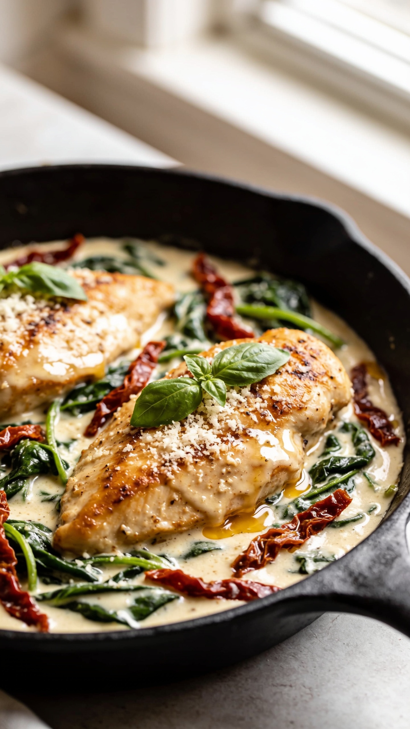 Ultra-close hero shot of Creamy Tuscan Chicken Skillet in a black cast-iron pan: golden-seared chicken breasts nestled in a glossy, garlicky parmesan cream sauce with ribbons of wilted spinach and generous strips of sun-dried tomatoes, sauce clinging to the chicken and pooling slightly; a light sprinkle of freshly grated parmesan and torn basil leaves on top for brightness. Bright natural window light from the side, shallow depth of field, creamy highlights on the sauce, warm neutral background blur, food filling 90–95% of frame, premium food-blog styling, no text.