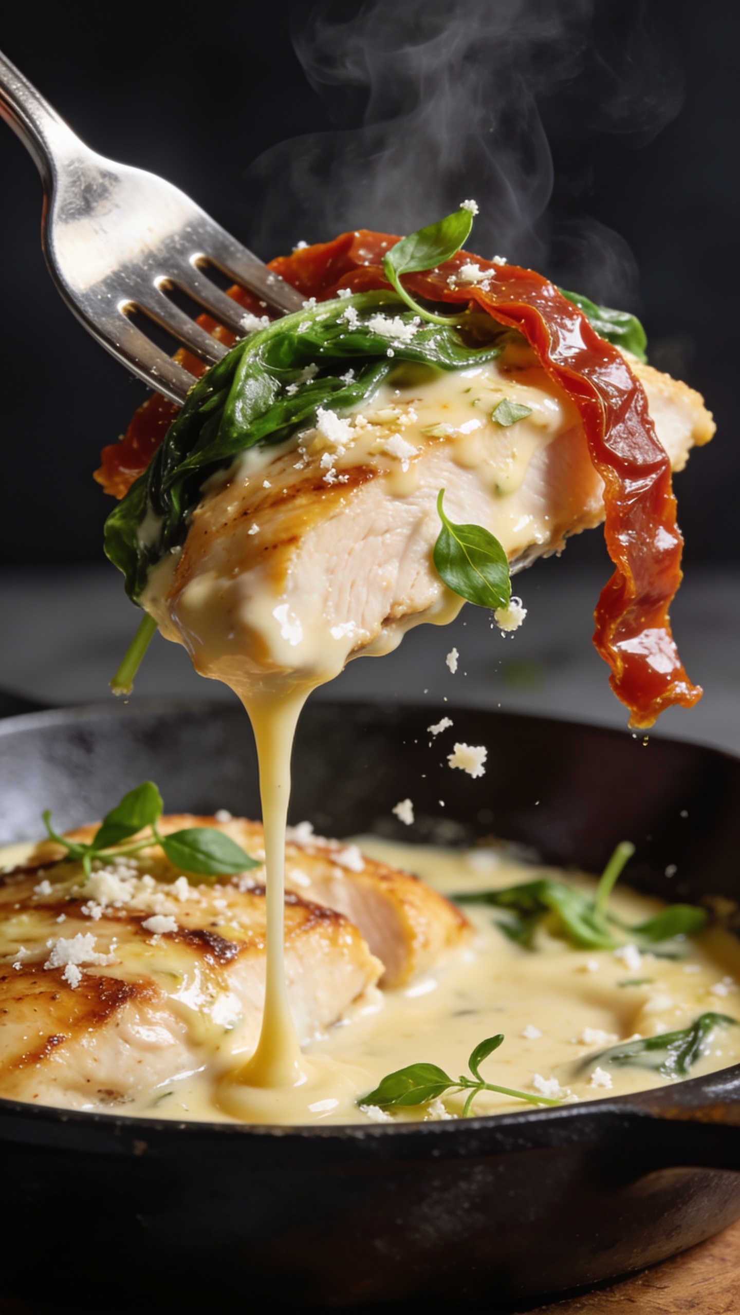 Dynamic action close-up: a polished dinner fork lifting the perfect bite—slice of juicy golden-seared chicken coated in glossy garlicky parmesan cream, a ribbon of wilted spinach, and a strip of sun-dried tomato draped over the edge—with visible steam rising. Sauce stretches in a silky strand from the skillet below, tiny parmesan flecks and micro-basil leaves clinging to the bite. Bright natural side light, shallow depth of field, food filling 90–95% of frame, no hands, only the fork and food visible, premium magazine-style anticipation one second before the bite.