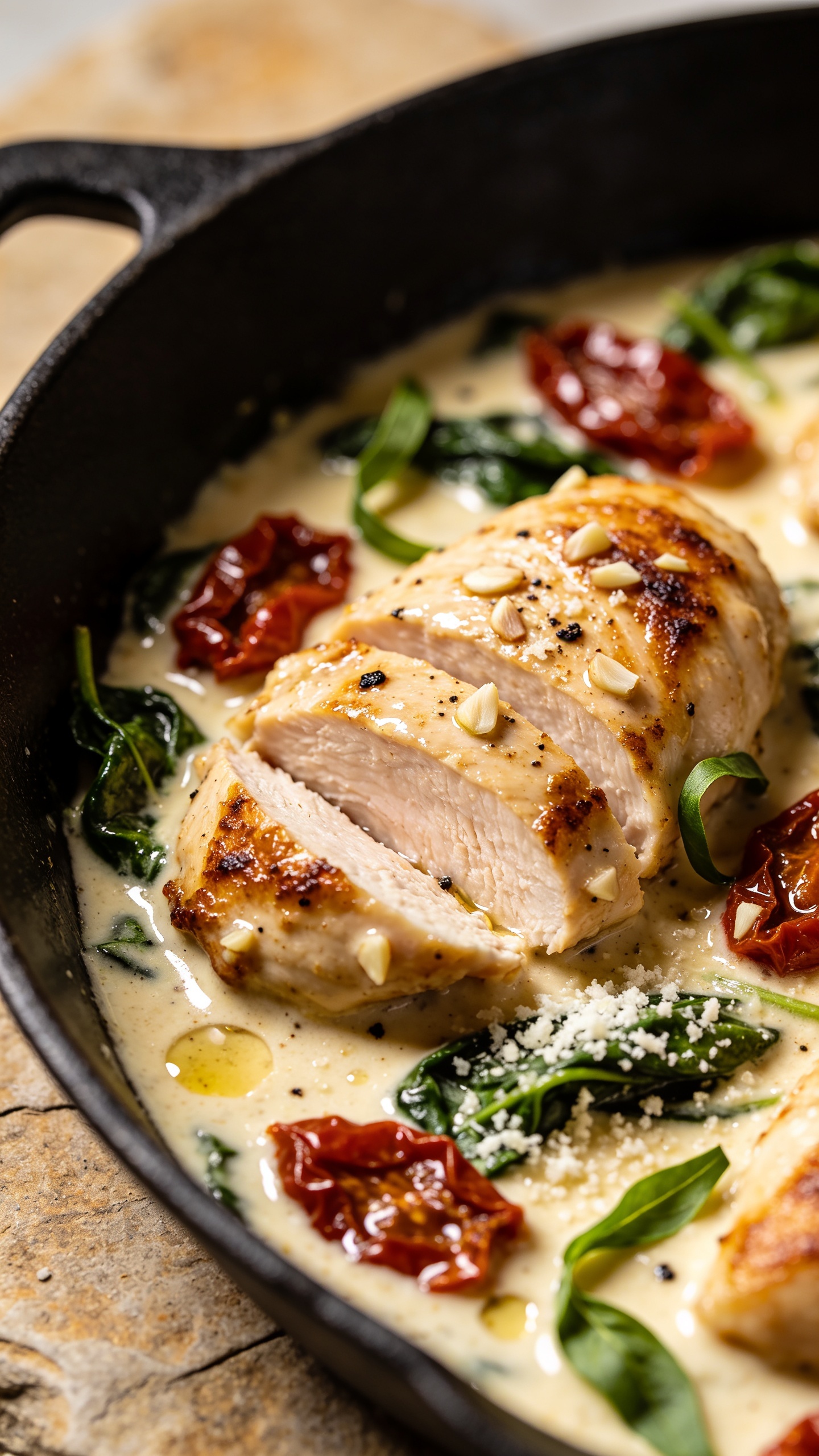 Extreme close-up angled from skillet edge: focus on one chicken breast sliced to reveal juicy interior, edges caramelized, bathed in thick, glossy cream sauce studded with minced garlic and specks of black pepper. Sun-dried tomatoes glisten, wilted spinach folds through the sauce, and a final scatter of finely grated parmesan melts into tiny pools with a few fresh basil ribbons. Bright natural lighting, shallow depth of field with bokeh on the far side of the skillet, warm stone surface subtly blurred, food filling 90–95% of frame, rich textures emphasized, no text.