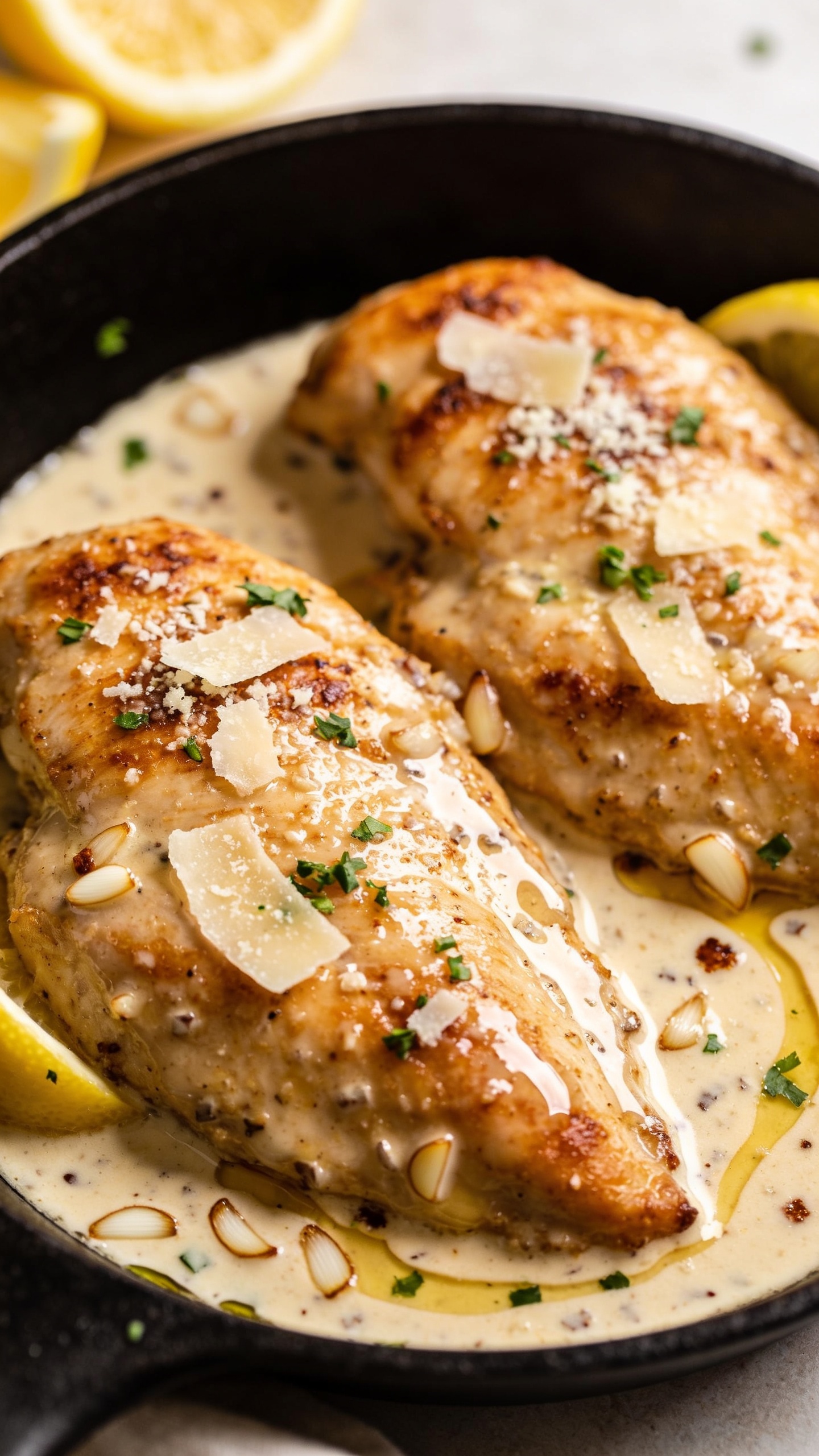 Ultra close-up hero shot of Garlic Parmesan Chicken Skillet: golden-brown seared chicken cutlets nestled in a black cast-iron skillet, coated in a silky, glossy creamy garlic-Parmesan pan sauce with visible minced garlic and tiny browned bits; sauce clings to the chicken and pools lightly around the edges, with a gentle swirl pattern from a recent stir. Garnished with freshly grated Parmesan shavings and a light sprinkle of finely chopped parsley. Include a few lemon wedges tucked at the rim for brightness but keep the focus on the chicken and sauce. Bright natural side lighting, shallow depth of field, food filling 90â95% of frame, premium food-blog styling, warm neutral background blur, no text.