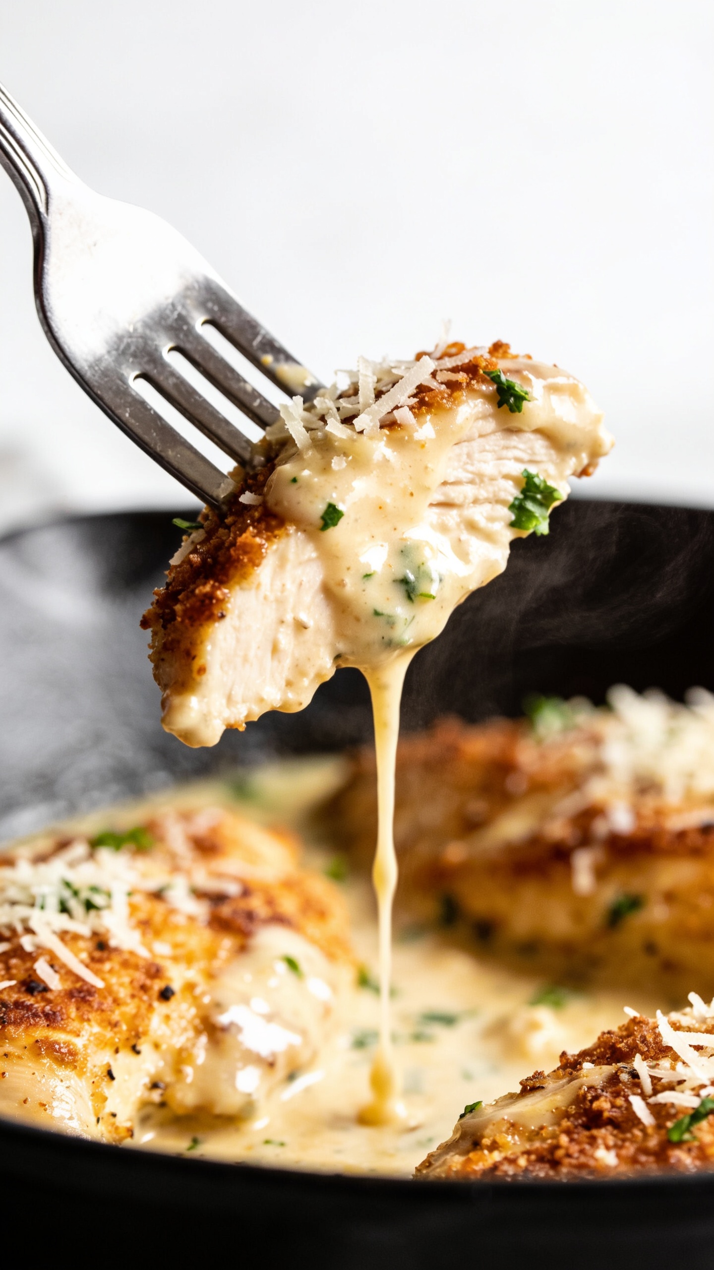Dynamic action close-up: a shiny fork lifting the perfect bite of the Garlic Parmesan Chicken Skilletâone juicy slice of golden, crispy-edged chicken draped in glossy creamy garlic-Parmesan sauce; micro-shreds of Parmesan melting on contact and a few flecks of parsley clinging to the bite. A slow ribbon of sauce stretches and drips back into the skillet below, with steam subtly rising. Background shows the rest of the chicken pieces blurred in the skillet, bright natural lighting, shallow depth of field, food filling 90â95% of frame, no hands visible, no text.