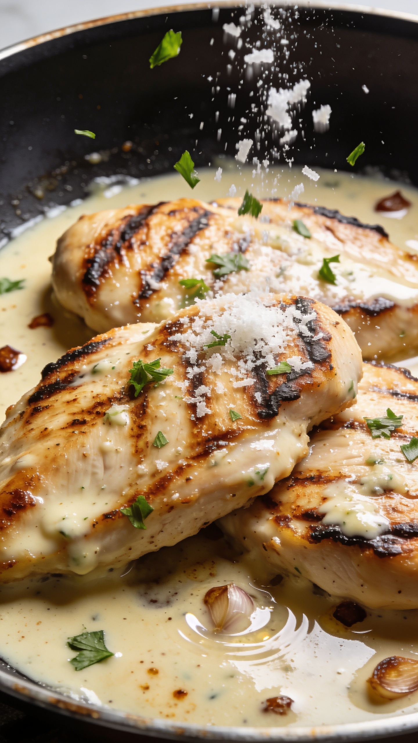 Extreme close-up angle from skillet rim height: focus on overlapping chicken cutlets showing deep sear marks and crisp edges, lacquered with the creamy garlic-Parmesan sauce; tiny browned garlic bits and pan fond speckles visible through the sauce. Freshly grated Parmesan is mid-sprinkle, frozen in the air above the chicken, with a scatter of parsley already landed. A few sauce ripples and glints highlight its silky texture. Bright natural light, shallow depth of field, food fills 90â95% of frame, cohesive styling with the first two images, no text.