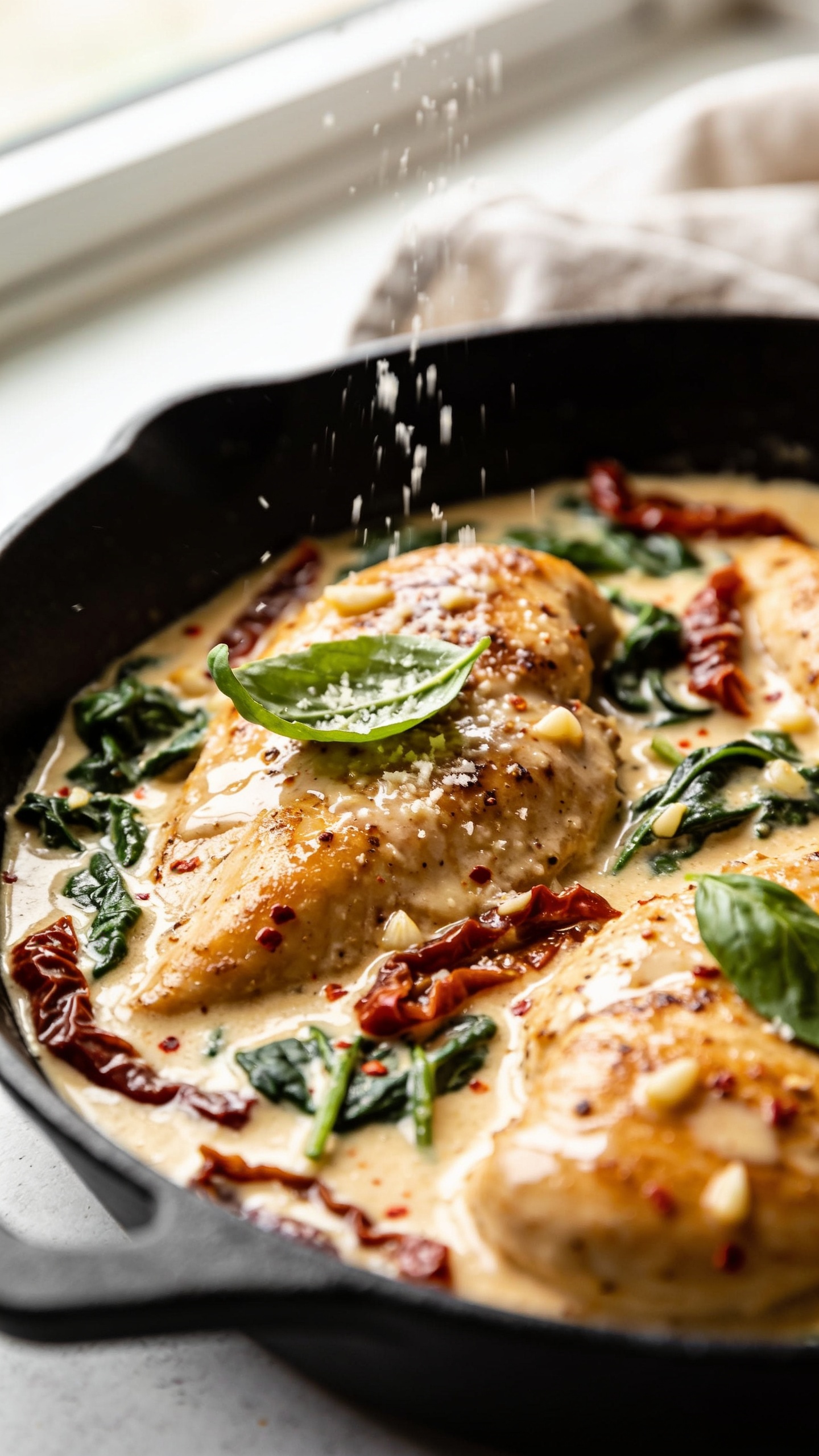 Ultra close-up hero shot of Marry Me Chicken in a black cast-iron skillet: golden seared chicken breasts nestled in a glossy, velvety parmesan-cream sauce with ribbons of sun-dried tomatoes and wilted spinach, speckled with red pepper flakes; sauce clinging to the chicken with visible garlic and parmesan sheen; a few fresh basil leaves torn on top and a light shower of grated parmesan melting into the sauce; bright natural window light from the left, shallow depth of field, background softly blurred with a hint of a linen napkin; warm, inviting tones, food filling 90â95% of the frame, premium food-blog styling.