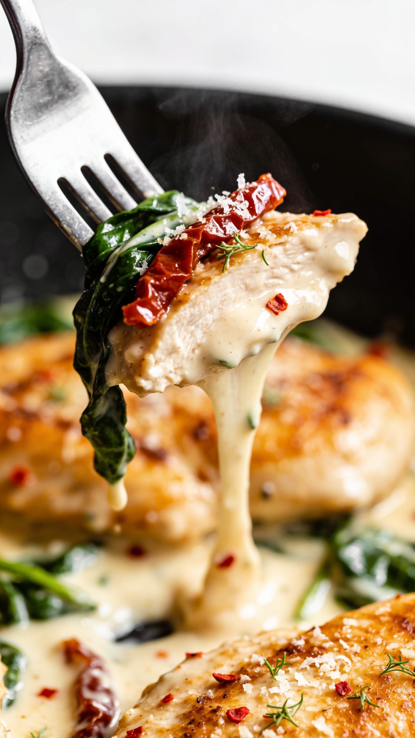 Dynamic action close-up: a fork lifting the perfect bite of Marry Me Chickenâtender slice of golden-seared chicken coated in the creamy parmesan sauce, a sun-dried tomato strip and a bit of wilted spinach draping over the edge, glossy sauce stretching in a silky ribbon back toward the skillet; tiny red pepper flakes and micro-grated parmesan clinging to the bite; rising wisps of steam; the skillet and remaining chicken blurred in the background; bright natural lighting, shallow depth of field, food dominating 90â95% of the frame, no hands or people visible.