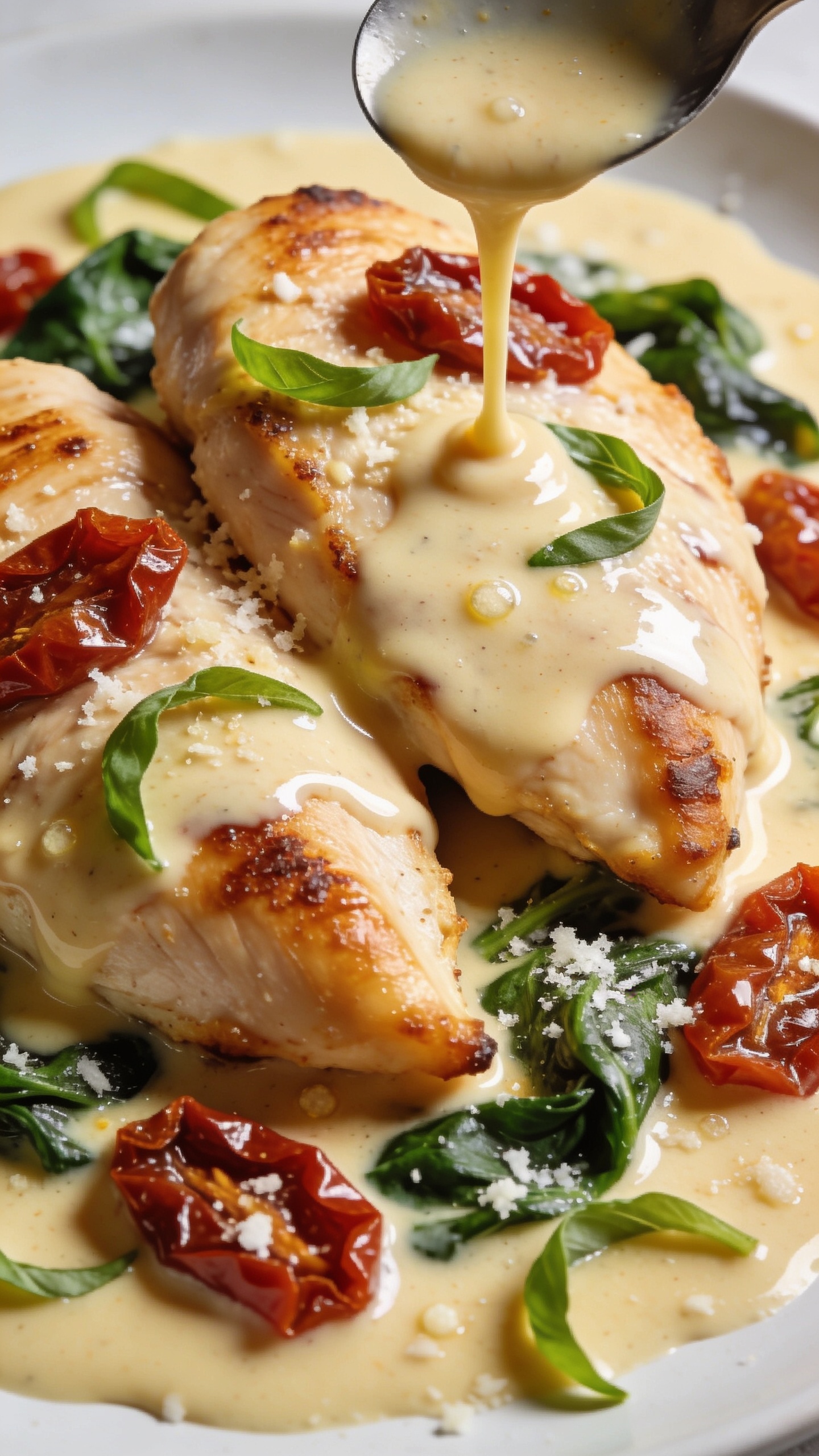 Macro close-up from a lower angle of the same finished dish plated shallowly: two juicy chicken breasts partially overlapped, edges slightly crispy, bathed in thick, glossy parmesan cream sauce pooled around them; sun-dried tomato pieces glistening, spinach folded into the sauce, fine grated parmesan melting in tiny beads; a final drizzle of sauce spooned over the top frozen mid-gloss, with a few fresh basil ribbons scattered; bright natural side light, tight composition filling 90â95% of the frame, shallow depth of field emphasizing rich textures and vibrant colors.