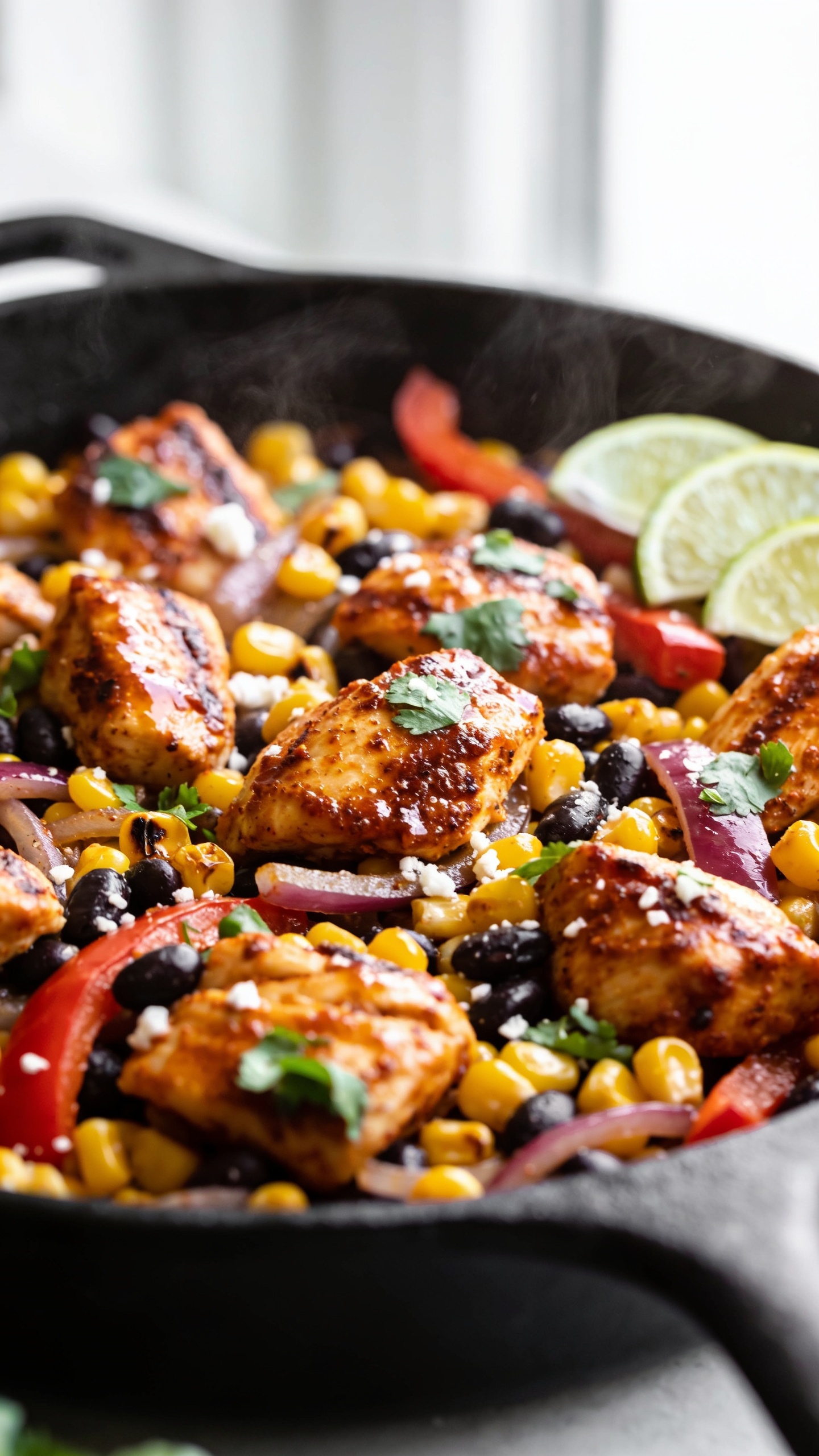 Ultra-close-up hero shot of a Southwest Chicken Skillet in a black cast-iron pan, filling 90â95% of the frame. Juicy seared chicken bites coated in a glossy chili-cumin-smoked paprika glaze, nestled with charred corn kernels, black beans, red bell pepper strips, and sautĂŠed red onion. Garnished with finely chopped cilantro, thin lime wedges tucked at the edge, and a light sprinkle of crumbled cotija. Subtle steam rising, bright natural window light from the side, shallow depth of field with the front chicken pieces tack-sharp and background softly blurred. Colors pop: golden corn, inky beans, ruby peppers, warm caramelized edges on chicken, and fresh green cilantro. Premium food-blog styling, no text, no hands.