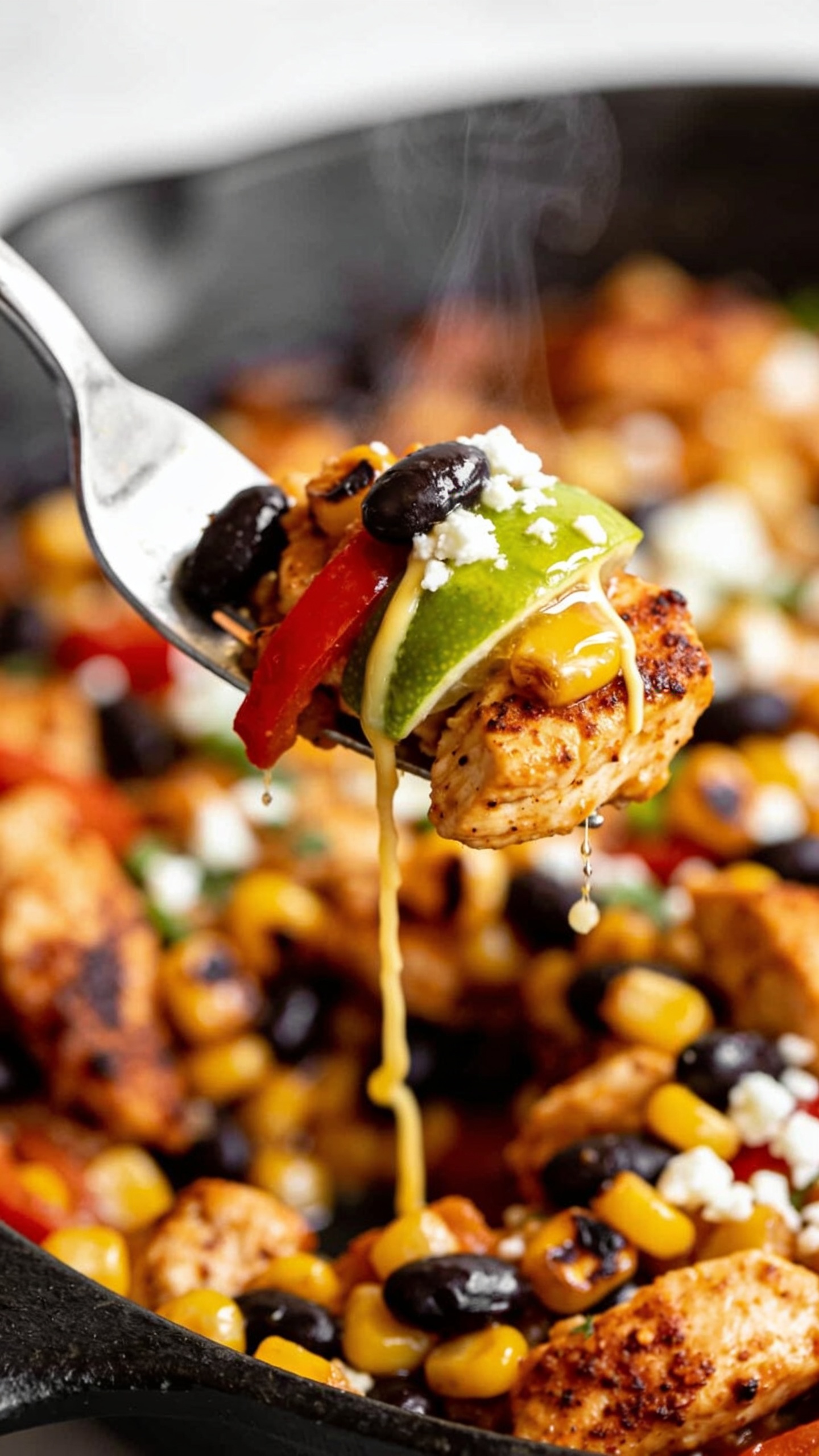 Dynamic action close-up capturing the perfect bite: a stainless steel fork lifting a glistening forkful of the finished Southwest Chicken Skillet one second before the bite. The fork holds a juicy chunk of spice-crusted chicken, a few glossy black beans, charred corn, and a sliver of red pepper, with a delicate cheese thread from crumbled cotija barely clinging. A whisper of steam and a squeeze-gloss sheen from lime on the bite. In the background, the cast-iron skillet brim-full with the same dish, slightly out of focus. Bright natural light, shallow depth of field, vibrant colors, filling 90â95% of the frame with food, no hands or people visible.