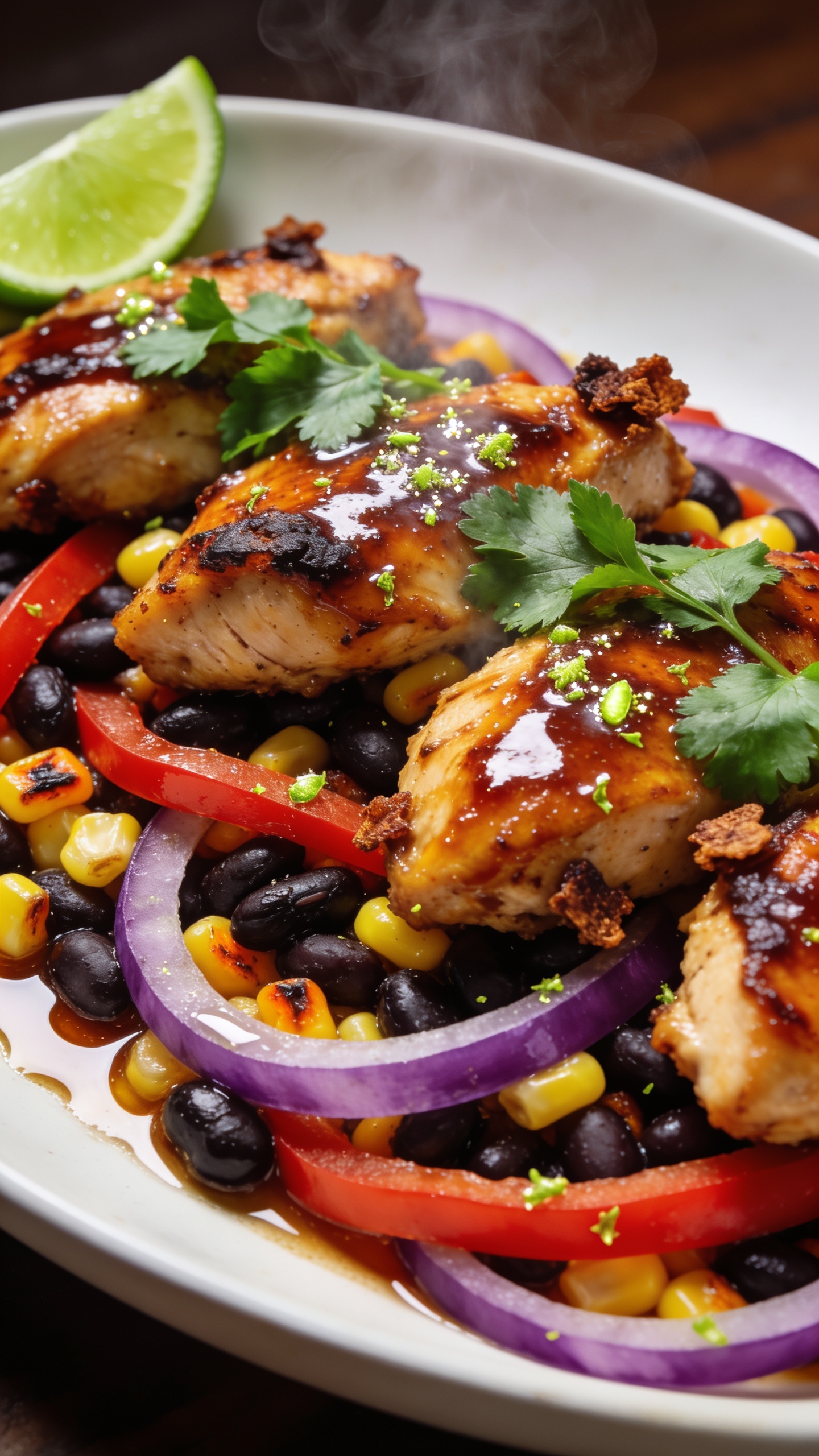 Extreme close-up angled top-side view of the skillet contents spooned onto a warm, shallow white plate to showcase textures while matching the same finished recipe: caramelized chicken pieces lacquered with smoky-spicy sauce, black beans and fire-kissed corn nestled between, thin red bell pepper strips, purple onion arcs, and fresh cilantro scattered on top. Tiny lime zest flecks sparkle on the sauce, with a glossy drizzle of pan juices pooling lightly. Crispy browned bits cling to some chicken edges, soft steam wafts upward, and a small wedge of lime sits at the rim. Bright natural lighting, shallow depth of field, rich saturated colors, 90â95% frame filled with food, premium food-blog styling.
