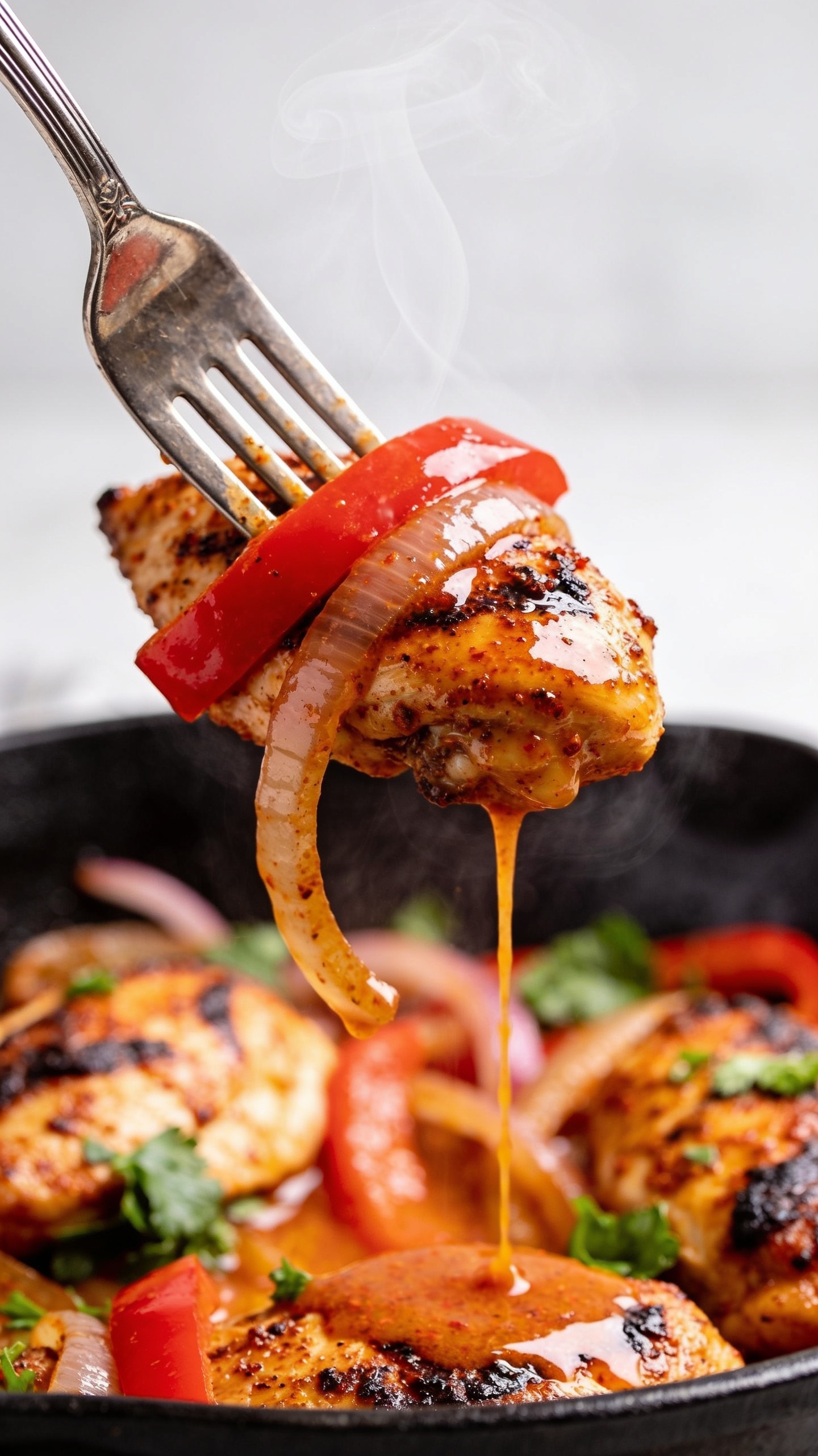 Dynamic action close-up: a polished fork lifting the perfect bite from the Cajun Chicken Skilletâone glossy, charred chicken piece speckled with Cajun seasoning, a ribbon of red bell pepper, and a strand of caramelized onion, all dripping a thin, buttery paprika-red sauce back toward the skillet. Visible steam curls upward. Background shows the remaining skillet contentsâjuicy chicken, peppers, onions, fresh parsleyâsoftly blurred. Bright natural light, shallow depth of field, 90â95% food in frame, no hands visible, intense color and texture emphasizing saucy sheen and charred edges.