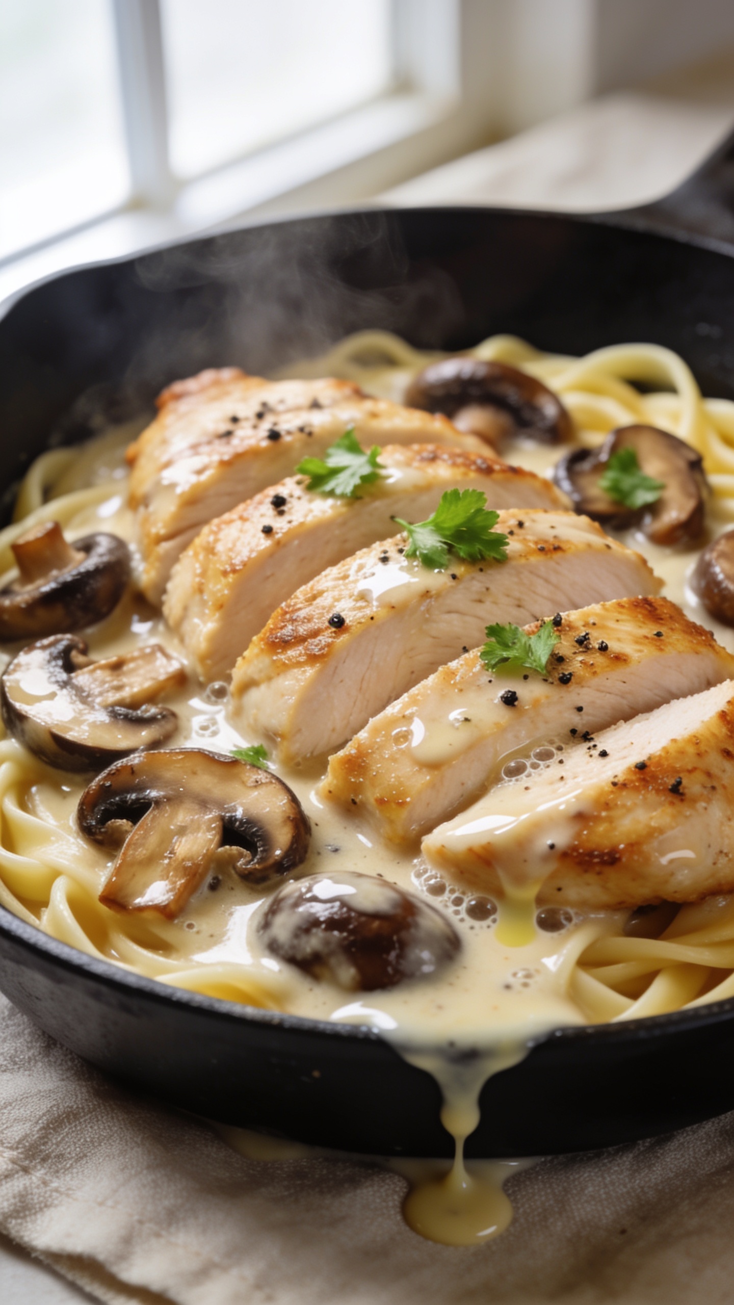 Ultra-close-up hero shot of Creamy Mushroom Chicken Skillet: golden pan-seared chicken breasts sliced and fanned in a shallow black skillet, surrounded by caramelized cremini and shiitake mushrooms in a glossy, silky garlic cream sauce; sauce clings to chicken and mushrooms with micro-bubbles and gentle sheen; a few bright green parsley leaves and freshly cracked black pepper scattered on top; thin ribbons of sauce pooling around edges; served over a bed of buttered egg noodles barely peeking through; bright natural window light from the left, shallow depth of field with creamy bokeh, neutral linen beneath the skillet, food filling 90–95% of frame, rich textures and steam faintly rising for warmth.
