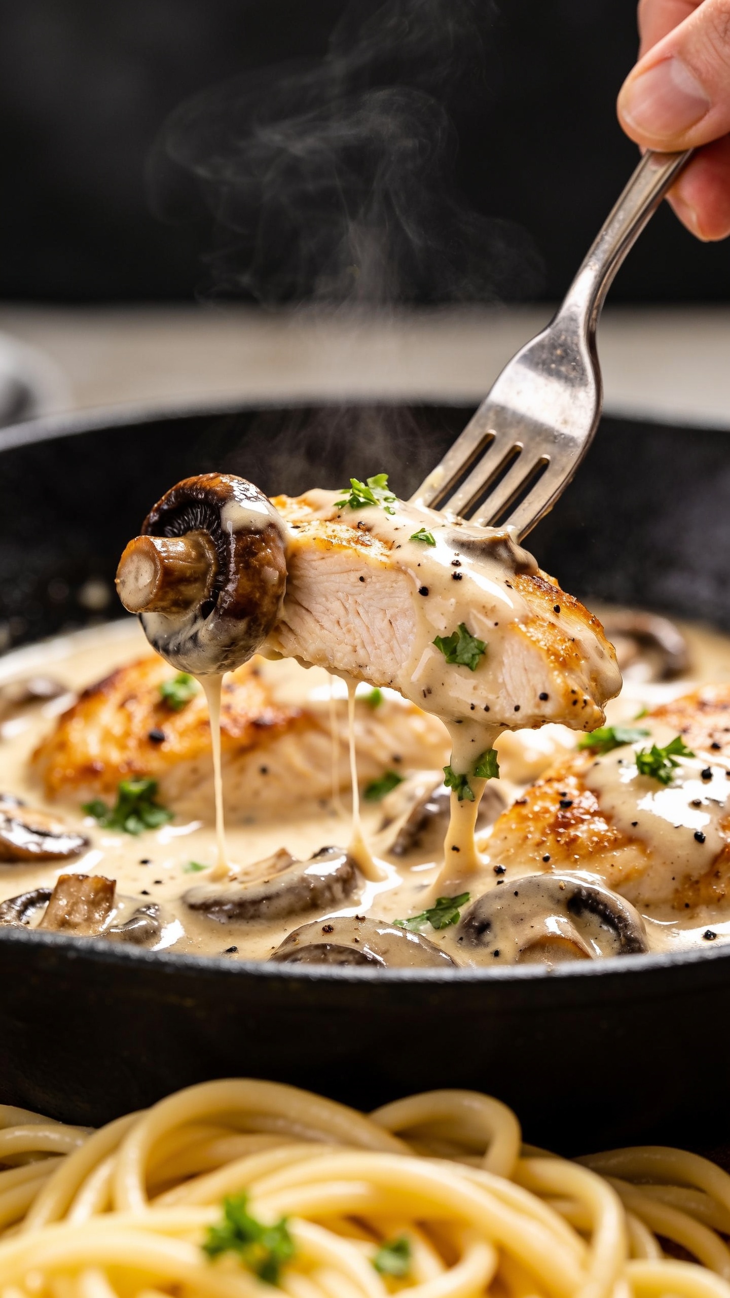 Dynamic action close-up: a stainless fork lifting the perfect bite from the skillet—one juicy slice of golden-seared chicken draped in glossy mushroom garlic cream sauce, a caramelized mushroom cap clinging to the side, strands of sauce stretching from the skillet to the fork; visible steam rising; fresh parsley flecks and coarse black pepper dotting the sauce; blurred background shows the same black skillet with remaining chicken and mushrooms in creamy sauce over a few egg noodles; bright natural light, shallow depth of field, food filling 90–95% of frame, movement frozen one second before the bite reaches the mouth.