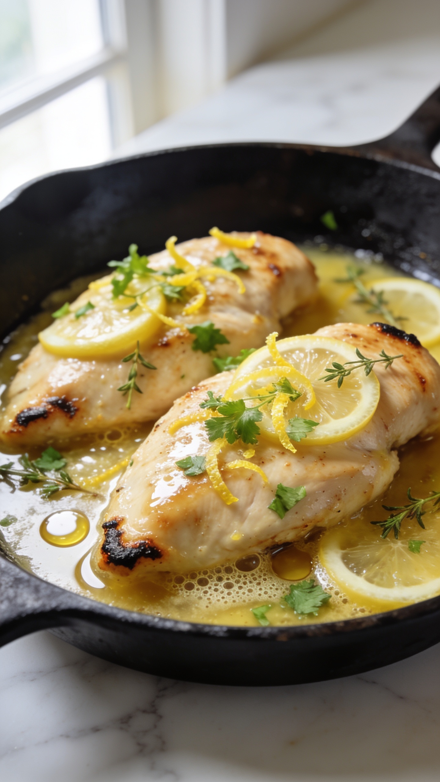 Ultra-close hero shot of Lemon Herb Chicken Skillet: golden, pan-seared boneless chicken breasts nestled in a black cast-iron skillet, coated in a glossy lemon-butter pan sauce with visible micro-bubbles; thin lemon slices and zest scattered, fresh chopped parsley and thyme leaves sprinkled over, a few charred lemon edges; small puddles of sauce pooling around the chicken, slight crisping on edges, juicy sheen on the surface; bright natural window light from the left, shallow depth of field with the front chicken breast in razor-sharp focus; white marble surface barely visible at the edges, no text, no hands, 90â95% filled with food, premium food-blog styling.