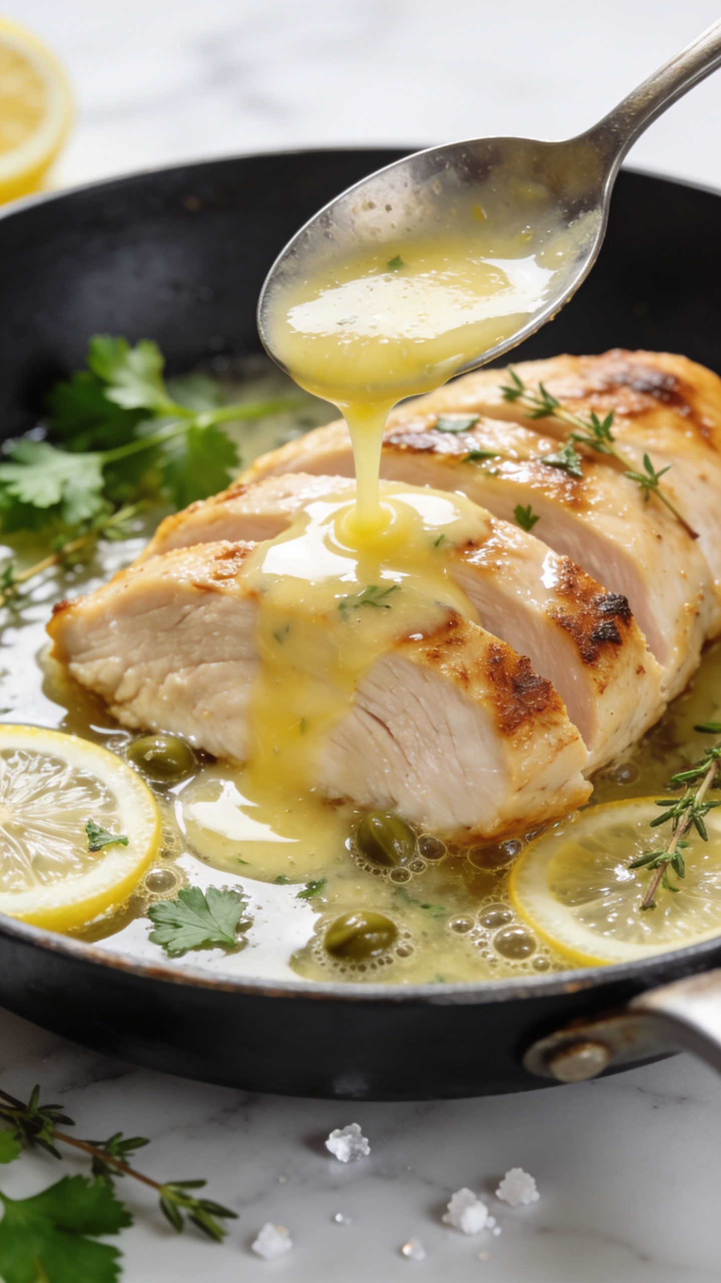 Macro close-up from a low 3/4 angle of a sliced chicken breast in the same skillet, showing the juicy interior glistening, edges browned and slightly crisp; spooned-over glossy lemon-butter sauce pooling in the skillet with visible herbs, tiny caper-sized bubbles, thin rounds of lemon partly submerged; fresh parsley and thyme scattered, a few coarse salt crystals catching light; bright natural lighting, shallow depth of field isolating the front slice, white marble backdrop softly blurred, 90â95% food in frame, cohesive with the other images.