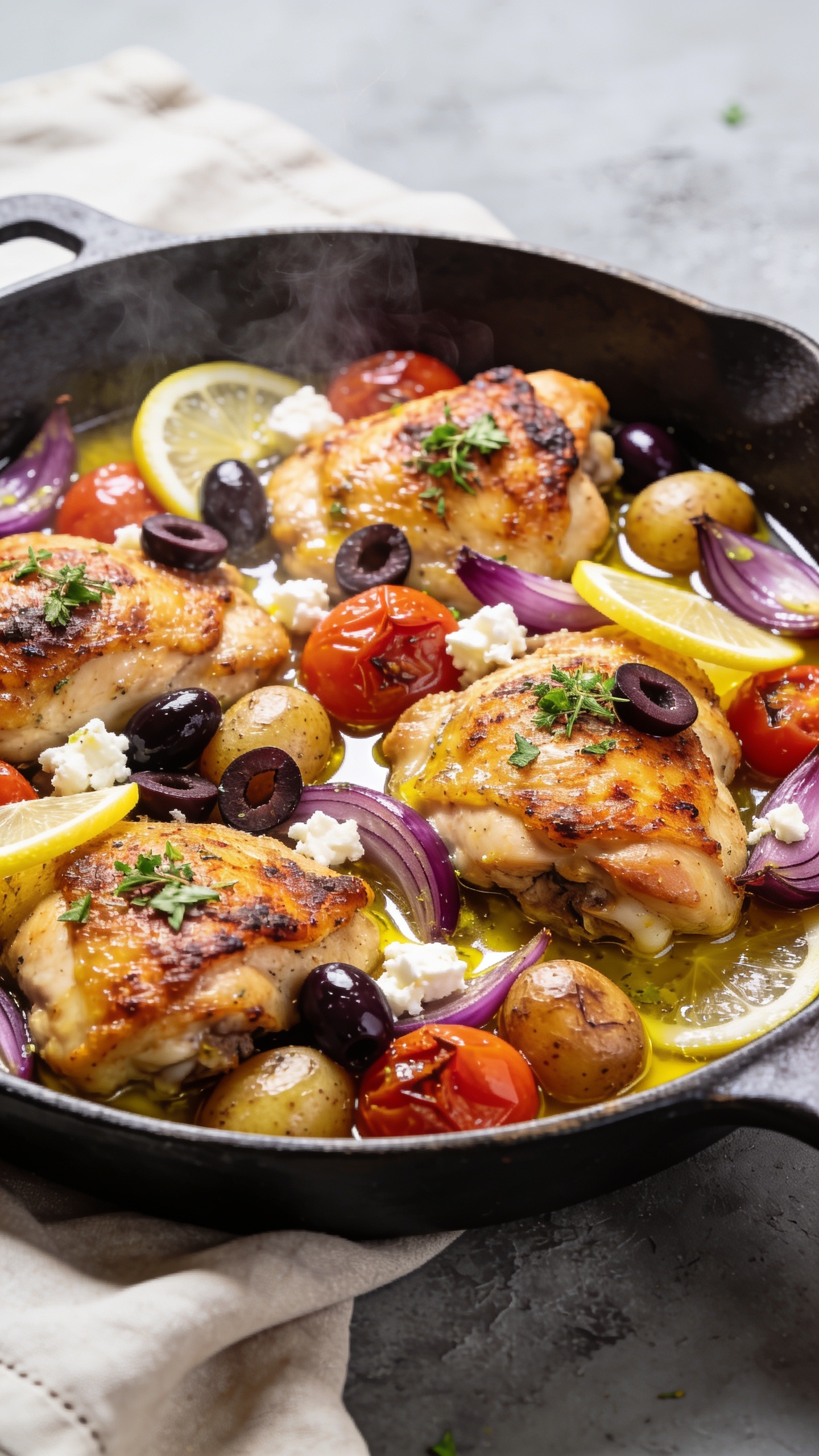 Ultra-close hero shot of a Greek Chicken Skillet: golden pan-seared chicken thighs with crispy, well-rendered edges nestled among tender baby potatoes, blistered cherry tomatoes, and caramelized red onion wedges in a shallow cast-iron skillet. Glossy lemon-garlic pan sauce clings to everything, with a final flourish of crumbled feta and sliced Kalamata olives scattered on top, thin lemon slices tucked in, and a sprinkle of fresh oregano. Bright natural side light, shallow depth of field, food filling 90â95% of frame, vibrant colors, slight steam visible, premium food-blog styling on a light linen with subtle slate background. Consistent look for all images.