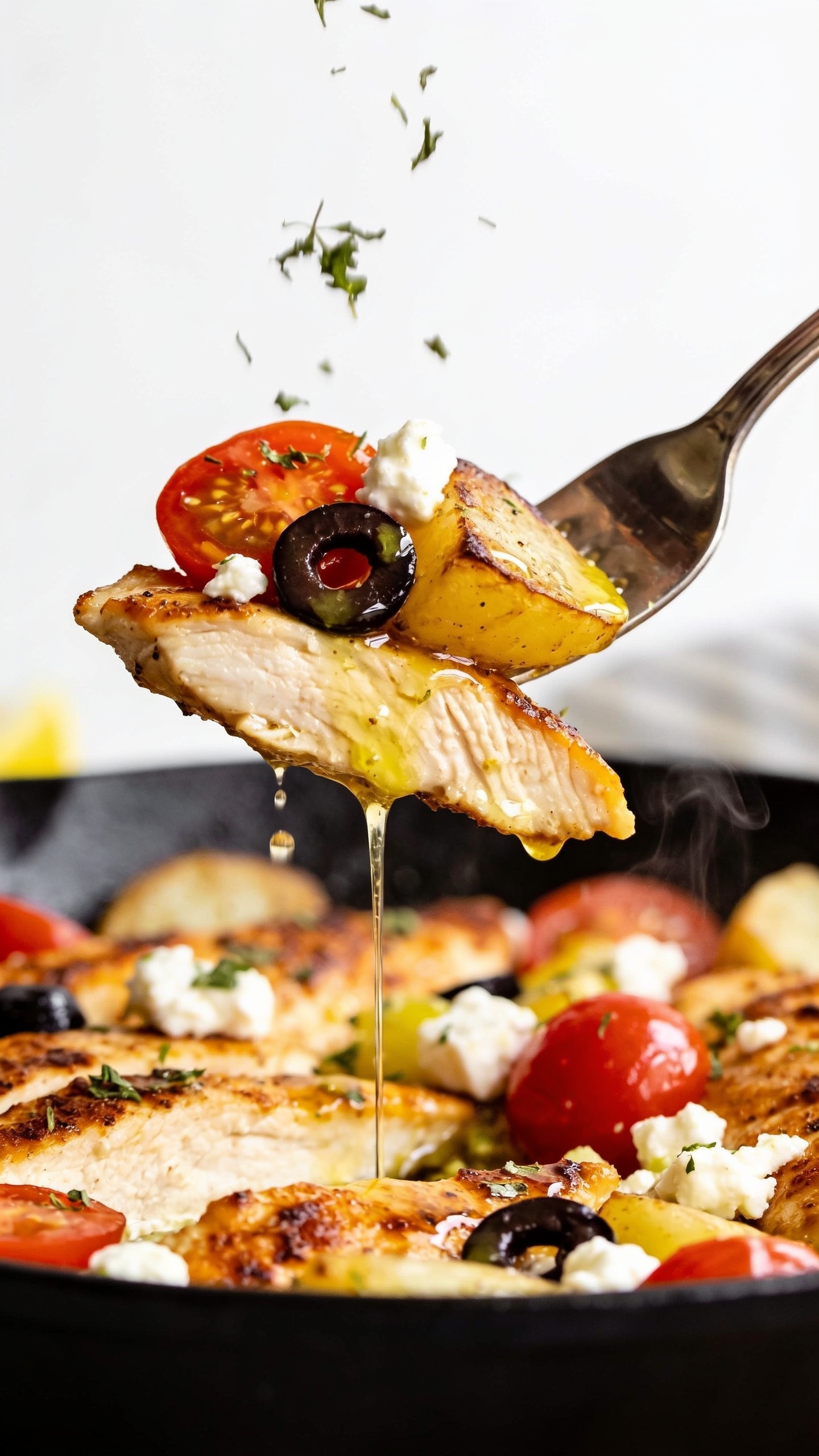 Irresistible bite moment: a polished fork lifting the perfect bite from the same Greek Chicken Skilletâone juicy strip of golden, crispy-edged chicken with a bit of roasted potato, a burst cherry tomato, and a crumble of feta clinging alongside a slice of Kalamata olive, all glistening with lemon-garlic pan sauce. Micro-droplets and a thin strand of glossy sauce stretch from the skillet below; fresh oregano flecks suspended midair as if just sprinkled. No hands visible. Extremely close-up, 90â95% food in frame, shallow depth of field, bright natural lighting, vibrant Mediterranean colors, faint steam rising, premium magazine cover energy.