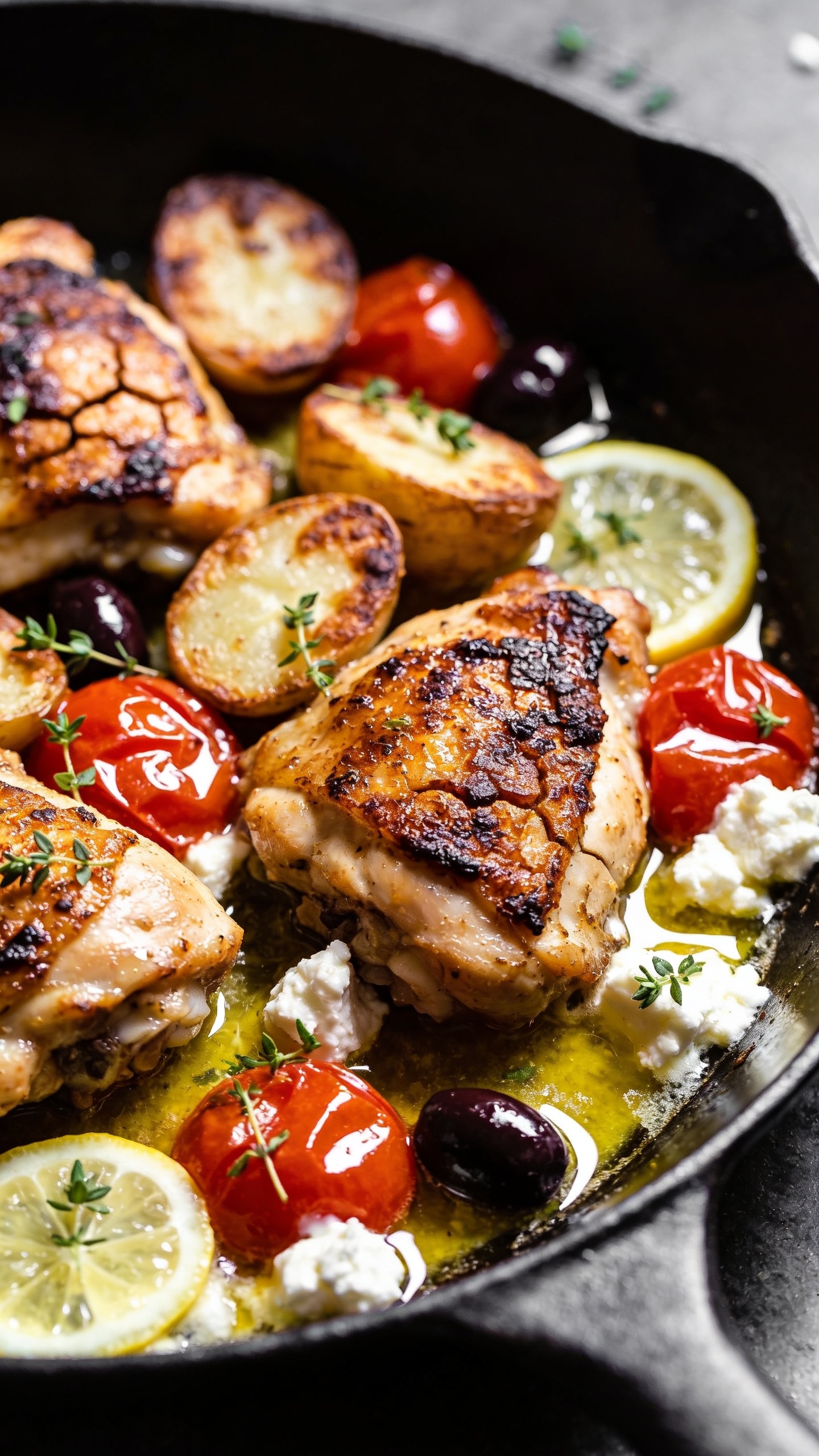 Macro close-up from a different angle across the skillet surface showing textures: seared chicken thighs with blistered, crackly edges, potatoes with browned, crisp faces, and burst tomatoes releasing juices into the shimmering lemony sauce pooling in the skillet. Crumbled feta melting slightly at the edges, glossy Kalamata olive slices, scattered fresh oregano leaves, and thin lemon rounds catching highlights. Bright natural backlighting for shine, shallow depth of field, 90â95% frame filled with food, consistent styling and color palette with the other images.