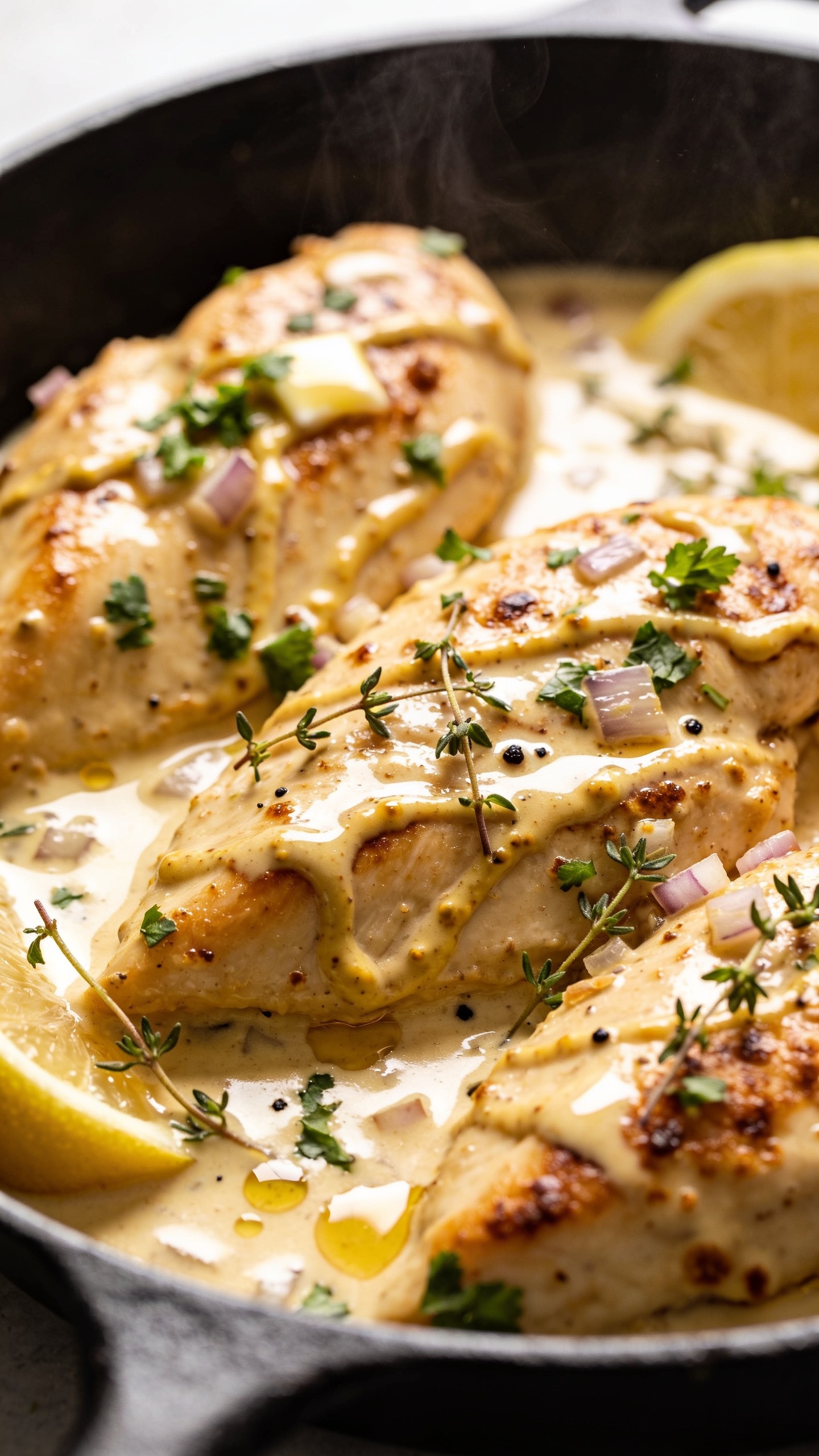 Extreme close-up hero shot of Creamy Dijon Chicken Skillet: golden pan-seared chicken breasts nestled in a glossy, pale-gold Dijon cream sauce with visible swirls of grainy mustard, finely chopped shallots, and browned fond flecks; sauce clings to the chicken and pools around the edges. Garnished with finely chopped fresh parsley and a few delicate thyme leaves, with tiny black pepper specks and a light sheen of butter. Served in a black cast-iron skillet with a few lemon wedges tucked at the rim for brightness. Bright natural side light, shallow depth of field, creamy sauce in sharp focus, background softly blurred. Food fills 90–95% of frame, rich textures and steam subtly rising.