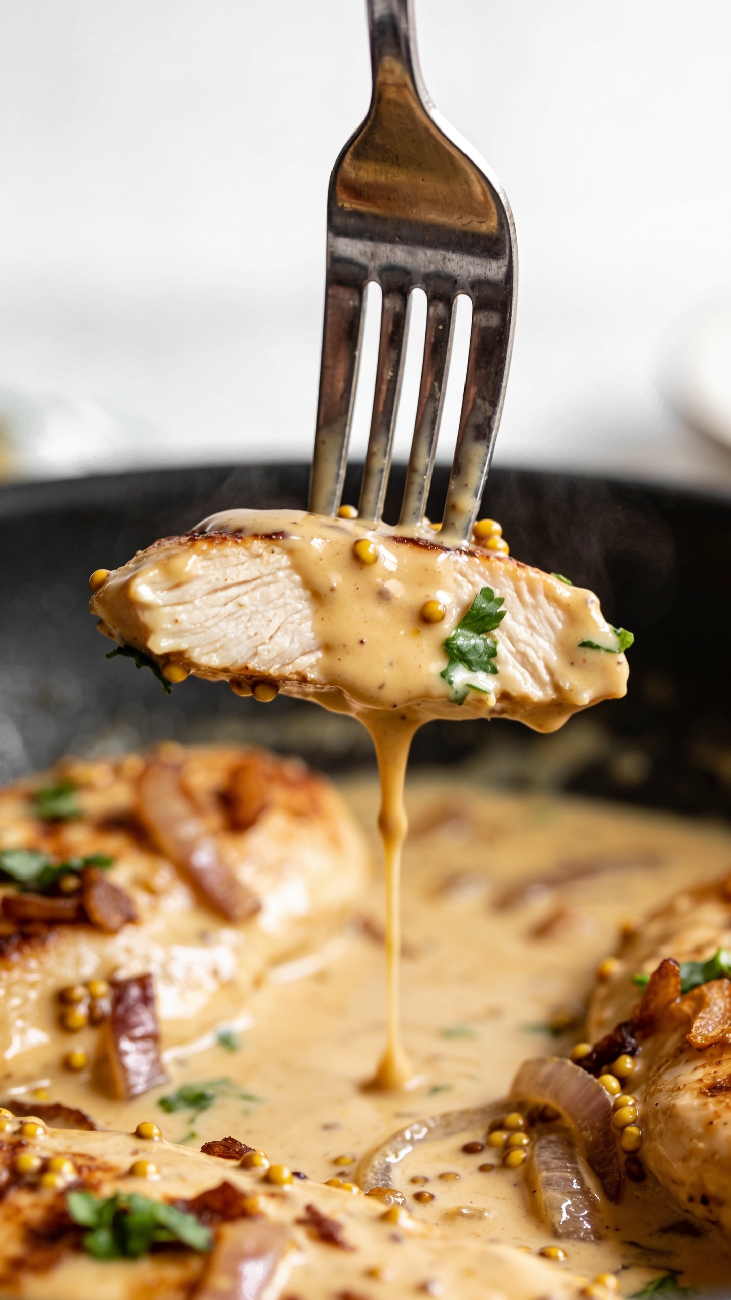 Action close-up: a polished fork lifting the perfect bite—juicy slice of seared chicken coated in thick, glossy Dijon cream sauce—with a slow drip of sauce stretching back toward the skillet below. Strands of grainy mustard and browned shallot bits visible in the sauce, fresh parsley flecks clinging to the bite. The skillet beneath is filled with the same chicken and sauce, out of focus but recognizable; faint steam rising. Bright natural lighting, shallow depth of field on the lifted bite, food filling 90–95% of frame, no hands or people.