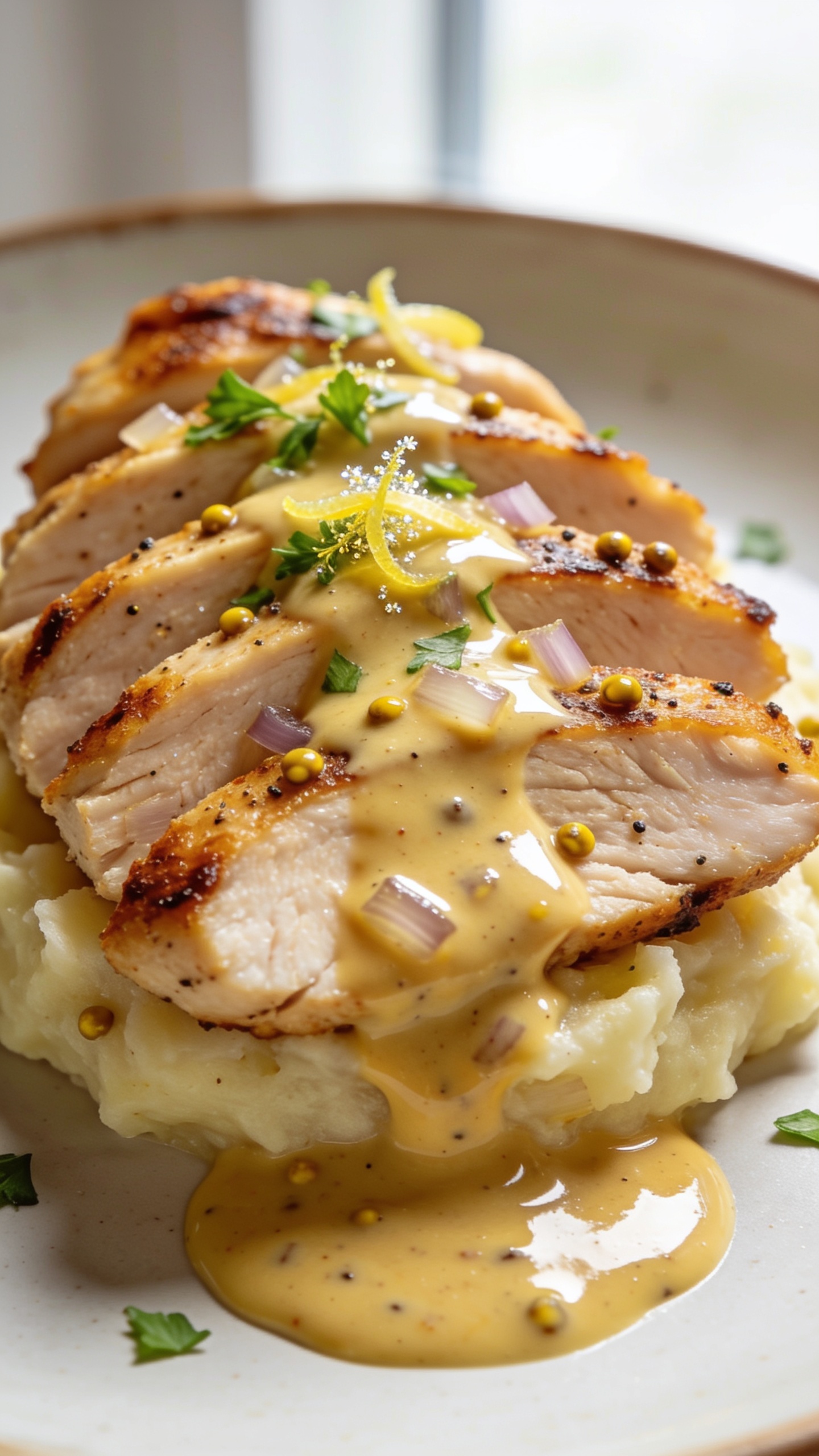 Ultra close-up angled shot of the same finished dish plated: sliced chicken breast fanned over a small bed of creamy mashed potatoes, generously spooned with the same glossy Dijon mustard cream sauce, pooling slightly around the slices. Crispy golden sear edges on the chicken, visible pepper, mustard grains, and tender shallot bits in the sauce. Final flourish of chopped parsley and a micro-zest of lemon for sparkle. Bright natural window light, shallow depth of field with the front slice and sauce in crisp focus, background blur of the plate’s rim. Food fills 90–95% of frame, rich, inviting textures.