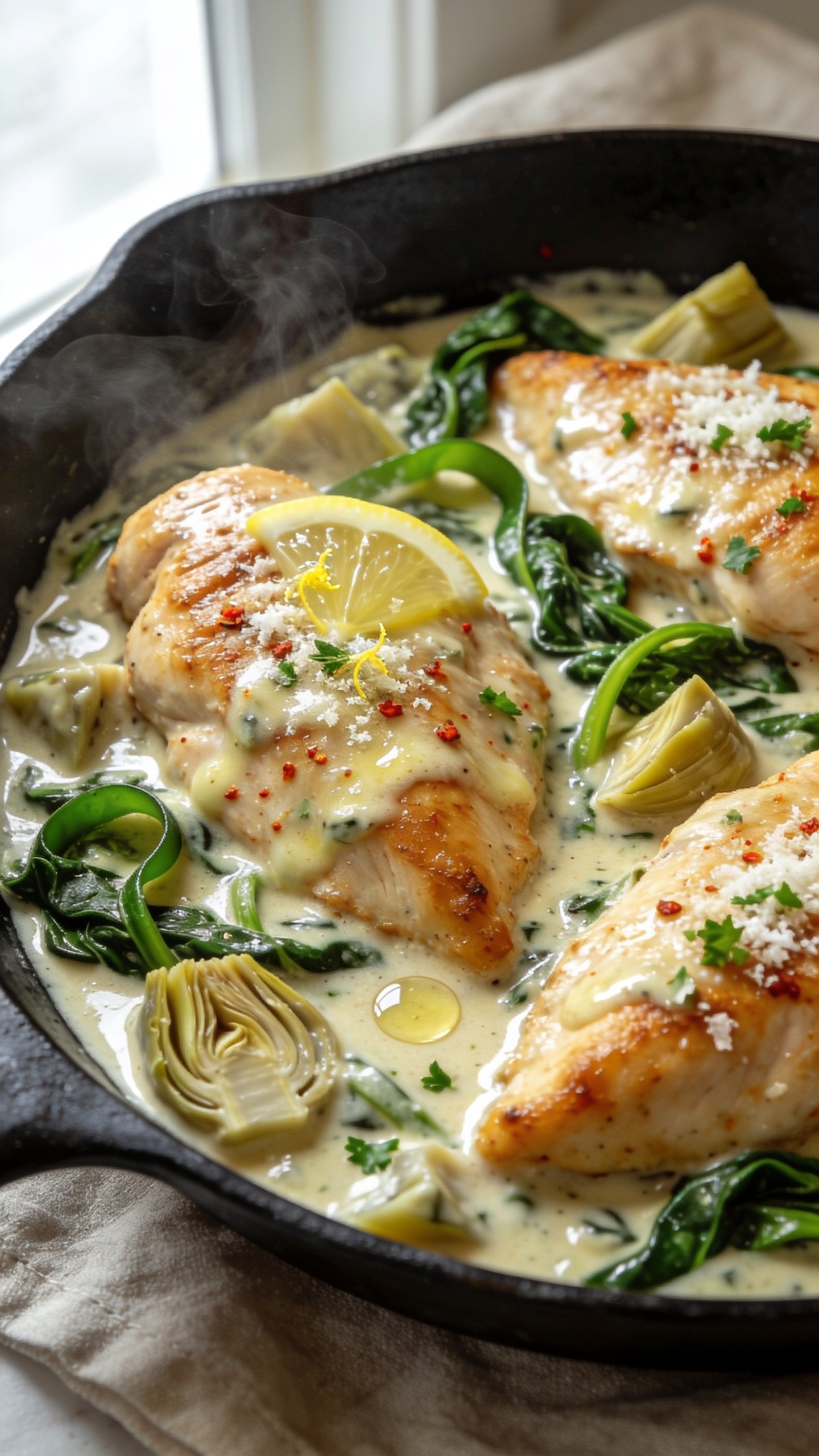 Ultra-close hero shot of Spinach Artichoke Chicken Skillet: golden pan-seared chicken breasts nestled in a creamy, garlicky spinach and artichoke sauce, glossy and bubbling at the edges. Sauce visibly clings to the chicken with melted Parmesan sheen and fine flecks of crushed red pepper, wilted bright-green spinach ribbons, and chunky quartered artichoke hearts. A light squeeze of lemon evident by micro-zest and a few tiny droplets on the sauce surface, finished with a sprinkle of freshly grated Parmesan and chopped parsley. Plated in a matte black cast-iron skillet on a neutral linen, bright natural window light from the left, shallow depth of field, steam softly rising, 90â95% frame filled with food, premium food-blog styling.