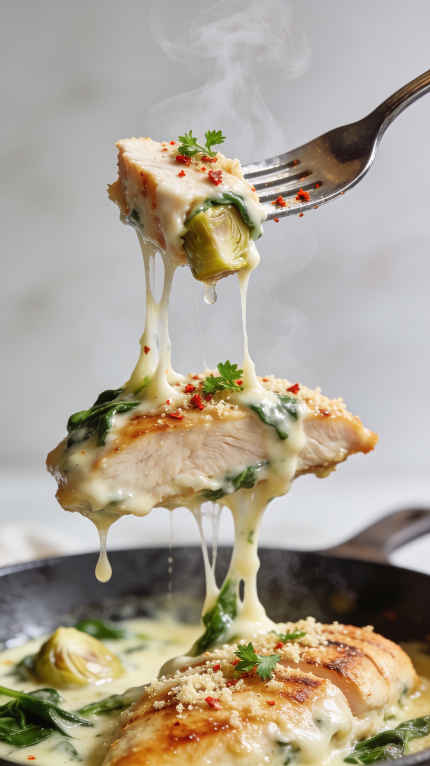 Action close-up: a polished fork lifting the perfect bite of Spinach Artichoke Chickenâjuicy slice of golden-seared chicken coated in creamy Parmesan sauceâwith stretchy melted cheese trailing back to the skillet, flecks of spinach and a small piece of artichoke clinging to the bite. Visible steam curls, glossy sauce drips slowly from the forkâs edge, crushed red pepper specks and micro-parsley on top. Background shows the same skillet of the dish, slightly blurred. Bright natural light, shallow depth of field, no hands or people, 90â95% frame filled with food, dynamic movement and irresistible anticipation.