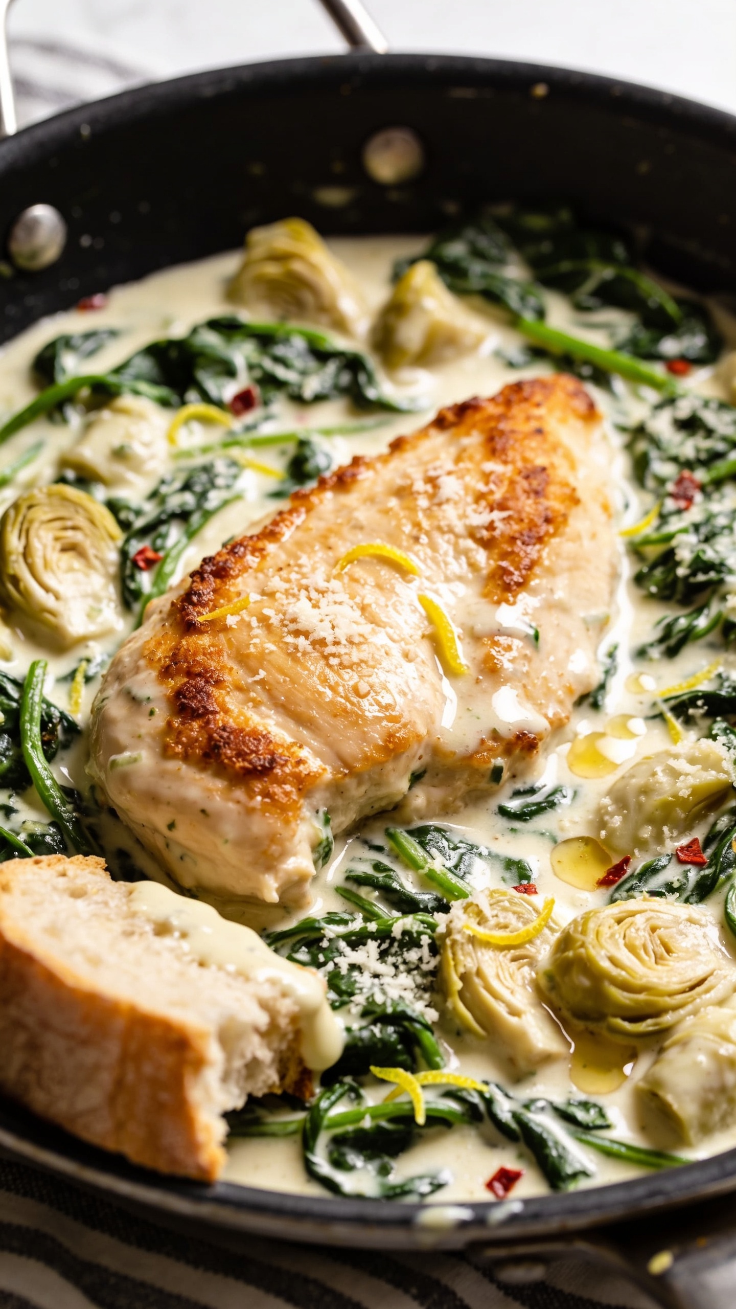 Extreme close-up from a low angle inside the skillet: focus on a single chicken breast with crispy-golden edges partially submerged in the creamy spinach-artichoke sauce, glossy surface ripples, grated Parmesan melting in tiny puddles. Vibrant spinach strands and chunky artichoke hearts crowd the sauce, a few red pepper flakes and lemon micro-zest shining. A torn piece of crusty bread resting at the rim of the skillet, lightly sauced, hinting at dipping. Bright natural lighting, shallow depth of field, 90â95% food in frame, cohesive with the hero imageâs look and styling.