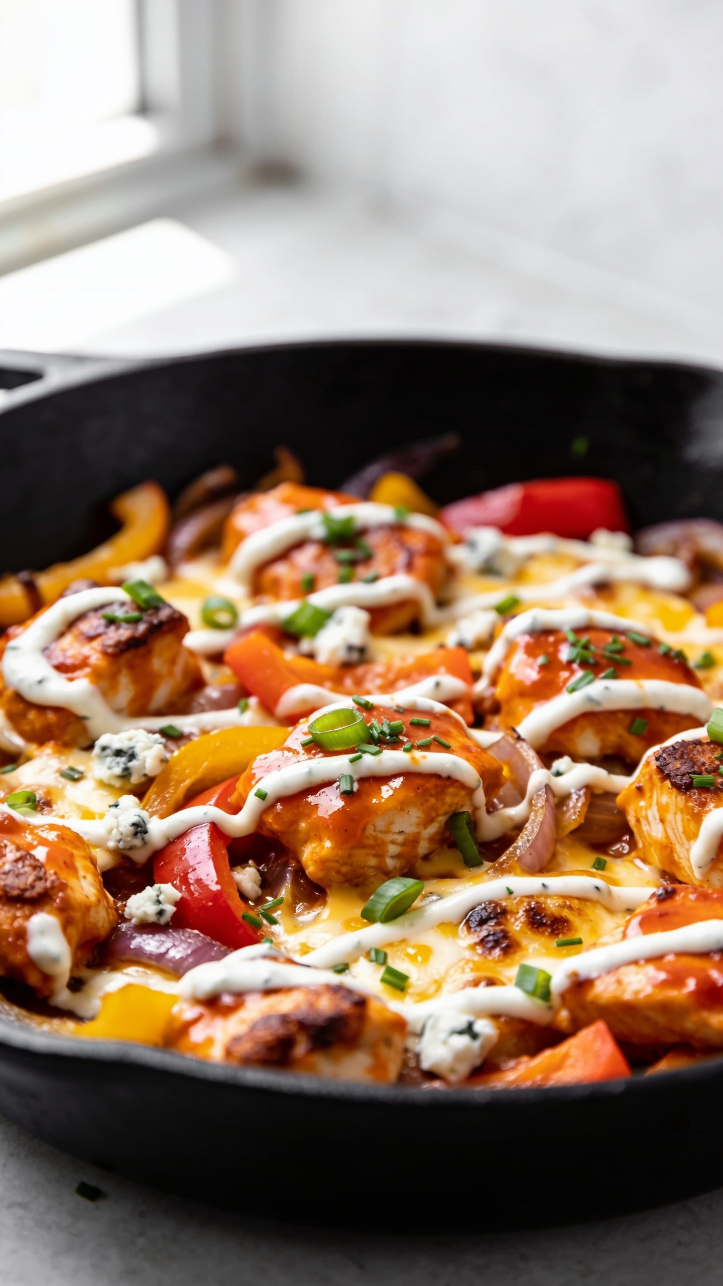 Ultra-close hero shot of Buffalo Ranch Chicken Skillet in a black cast-iron skillet, food filling 90â95% of the frame. Juicy bite-sized seared chicken pieces coated in a glossy orange-red buffalo buttery glaze, ribbons of creamy ranch swirled on top (not fully mixed), melted cheddar-jack pockets with slight cheese blistering, sautĂŠed tri-color bell peppers (red, orange, yellow) and caramelized onions peeking through, crispy browned edges on some chicken, sprinkled with finely chopped fresh chives and a few sliced green onions. A few crumbles of tangy blue cheese scattered sparingly. Bright natural window light from the left, soft shadows, shallow depth of field focusing on center chicken pieces, background softly blurred. No text, no hands, no utensils, premium food-blog styling.