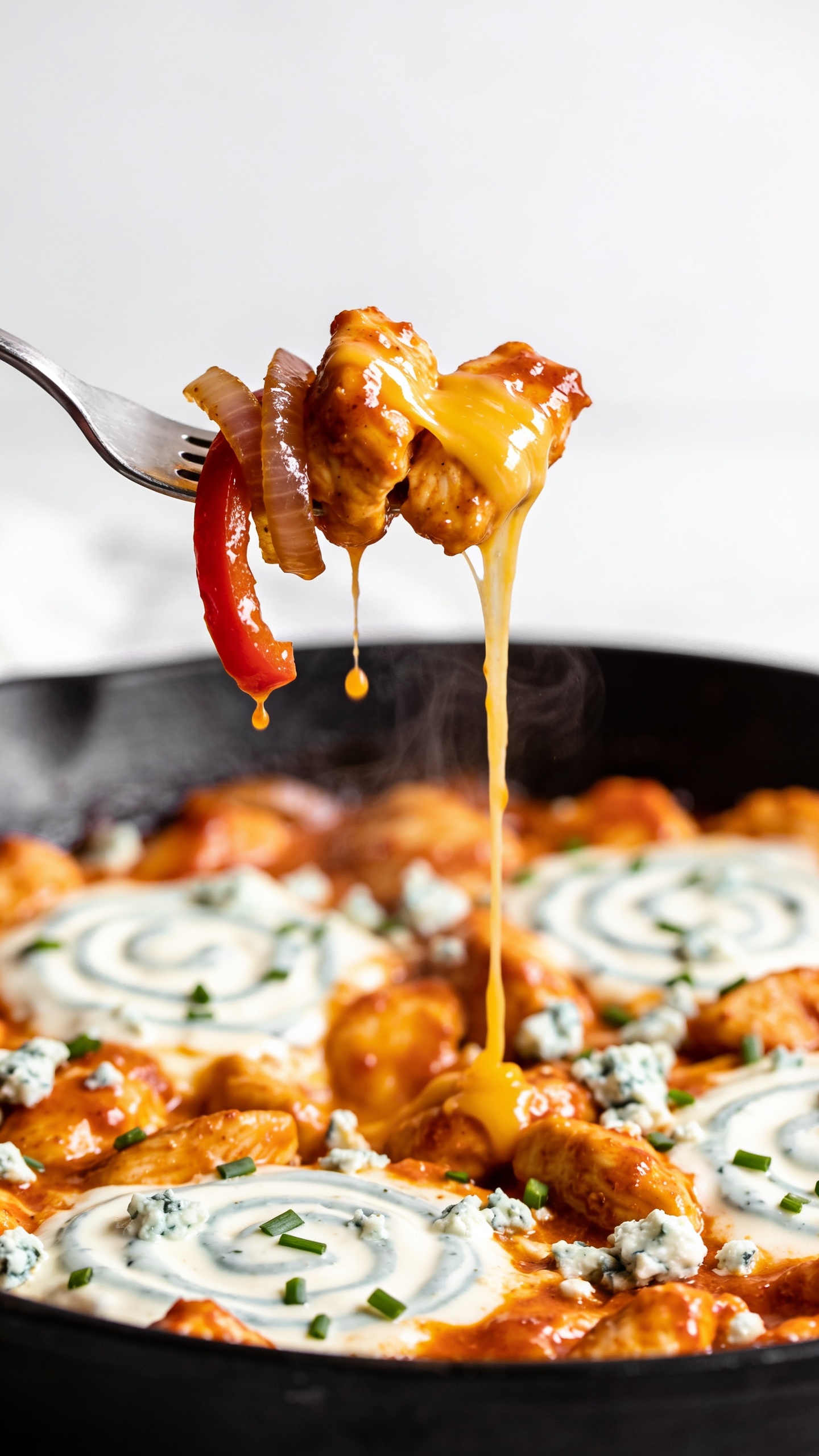 Dynamic action close-up capturing a fork lifting the perfect bite of Buffalo Ranch Chicken Skillet one second before a bite: a few glossy buffalo-glazed chicken pieces with a strand of melted cheddar stretching back to the skillet, a sliver of red bell pepper and caramelized onion dangling, tiny droplets of buffalo sauce clinging and about to fall, faint visible steam rising. The skillet fills the background at 90â95% of frame with the same saucy chicken, ranch swirls, chive sprinkle, and light blue-cheese crumbles consistent with the hero image. Bright natural lighting, shallow depth of field with the lifted bite in crisp focus, no hands or faces, only the fork tip visible.