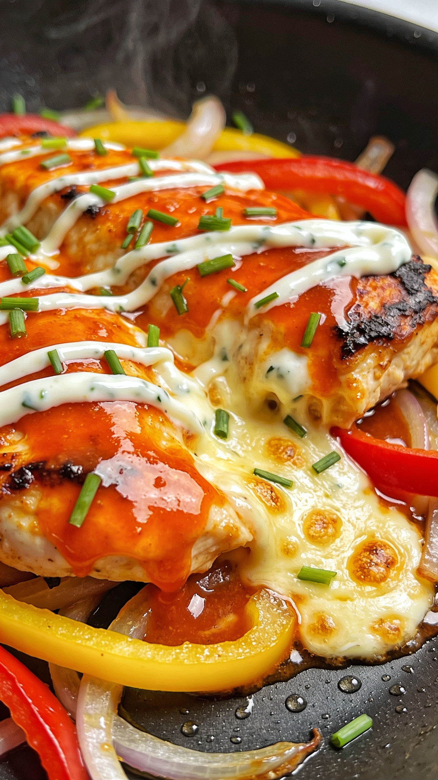 Tight macro angle from slightly overhead and offset, focusing on a saucy cluster of the same Buffalo Ranch Chicken Skillet: glistening orange-red buffalo butter glaze pooling in little glossy rivulets, creamy ranch lightly drizzled in thin ribbons, char-kissed edges on chicken, cheese melted into gooey puddles with a few golden blister spots, thin strips of red and yellow bell pepper with snap, translucent caramelized onions, fresh chives and green onions sprinkled over. A few micro-droplets of sauce visible on the skillet surface, faint steam, bright natural light, shallow depth of field isolating the most textured bite, consistent ingredients and styling with images 1 and