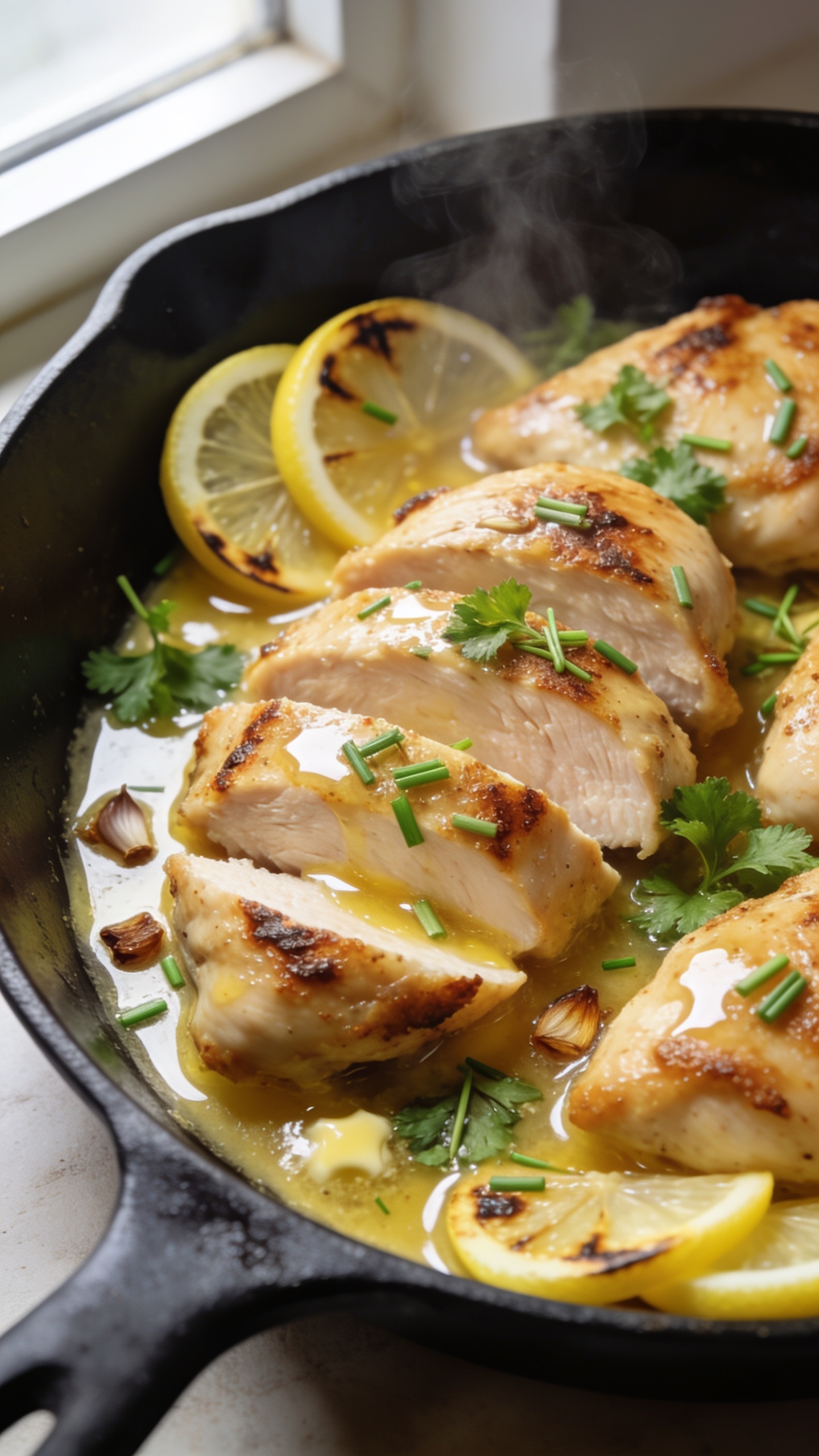 Ultra-close hero shot of Garlic Butter Chicken Skillet: golden, pan-seared chicken thighs sliced into thick, juicy pieces with crisped edges, tossed in a glossy garlic butter sauce that pools and clings; scattered fresh parsley and micro-chopped chives, a few thin lemon wedges tucked at the rim for optional brightness; butter-kissed browned garlic bits visible, faint steam rising; served in a matte black cast-iron skillet with a few charred lemon slices, sauce shimmering; bright natural window light from the left, shallow depth of field, food filling 90â95% of frame, warm tones, premium food-blog styling.