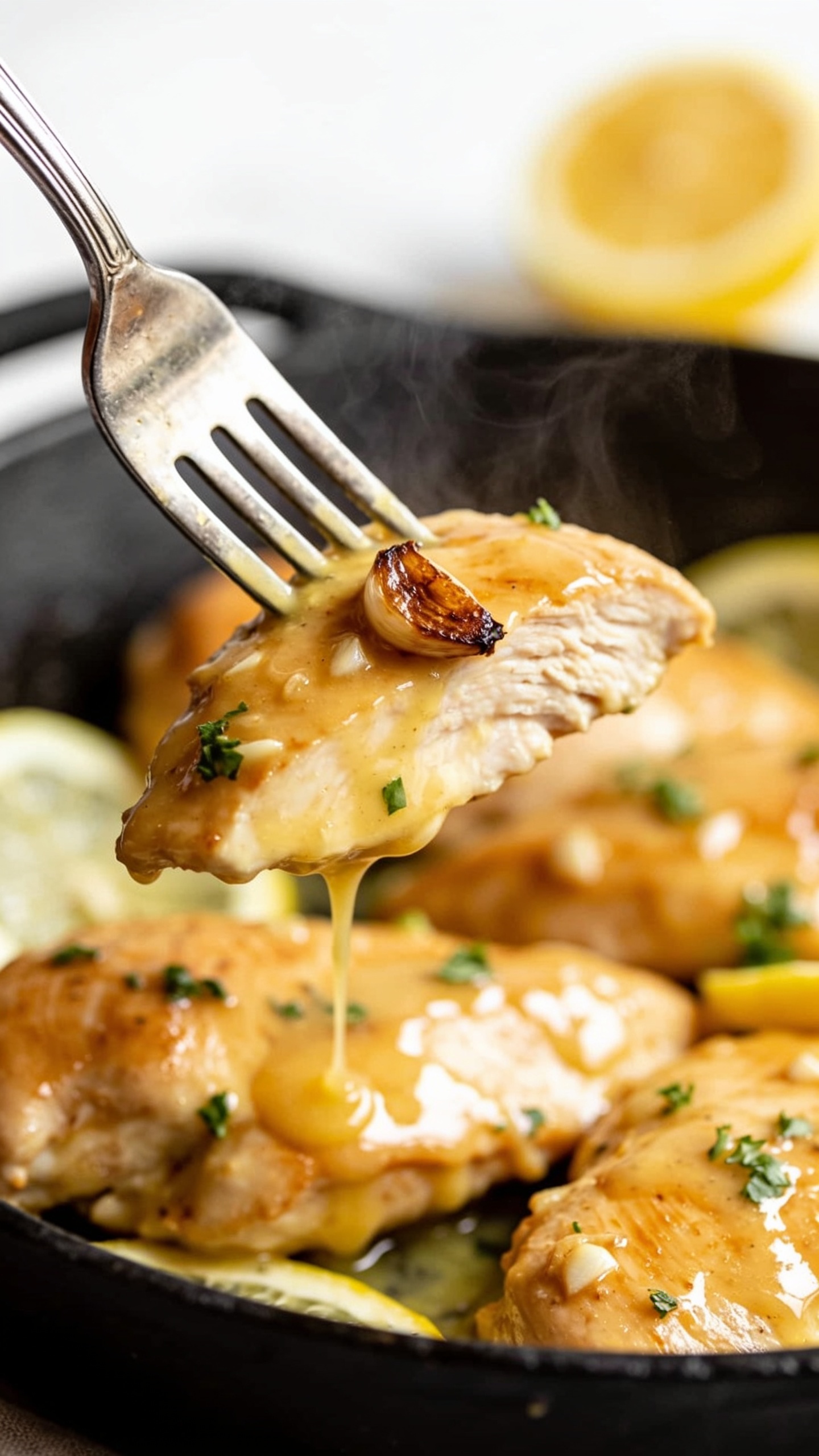 Dynamic bite moment: a polished fork lifting the perfect biteâone golden, juicy slice of chicken glazed in silky garlic butter, a browned garlic shard sticking to the surface, tiny parsley flecks dotting the sauce; thick glossy butter drips slowly trailing from the lifted piece back toward the skillet; faint steam rising; background shows the same cast-iron skillet packed with glistening chicken and lemon slices blurred softly; bright natural lighting, shallow depth of field, food filling 90â95% of frame, no hands or people, rich textures and irresistible movement.