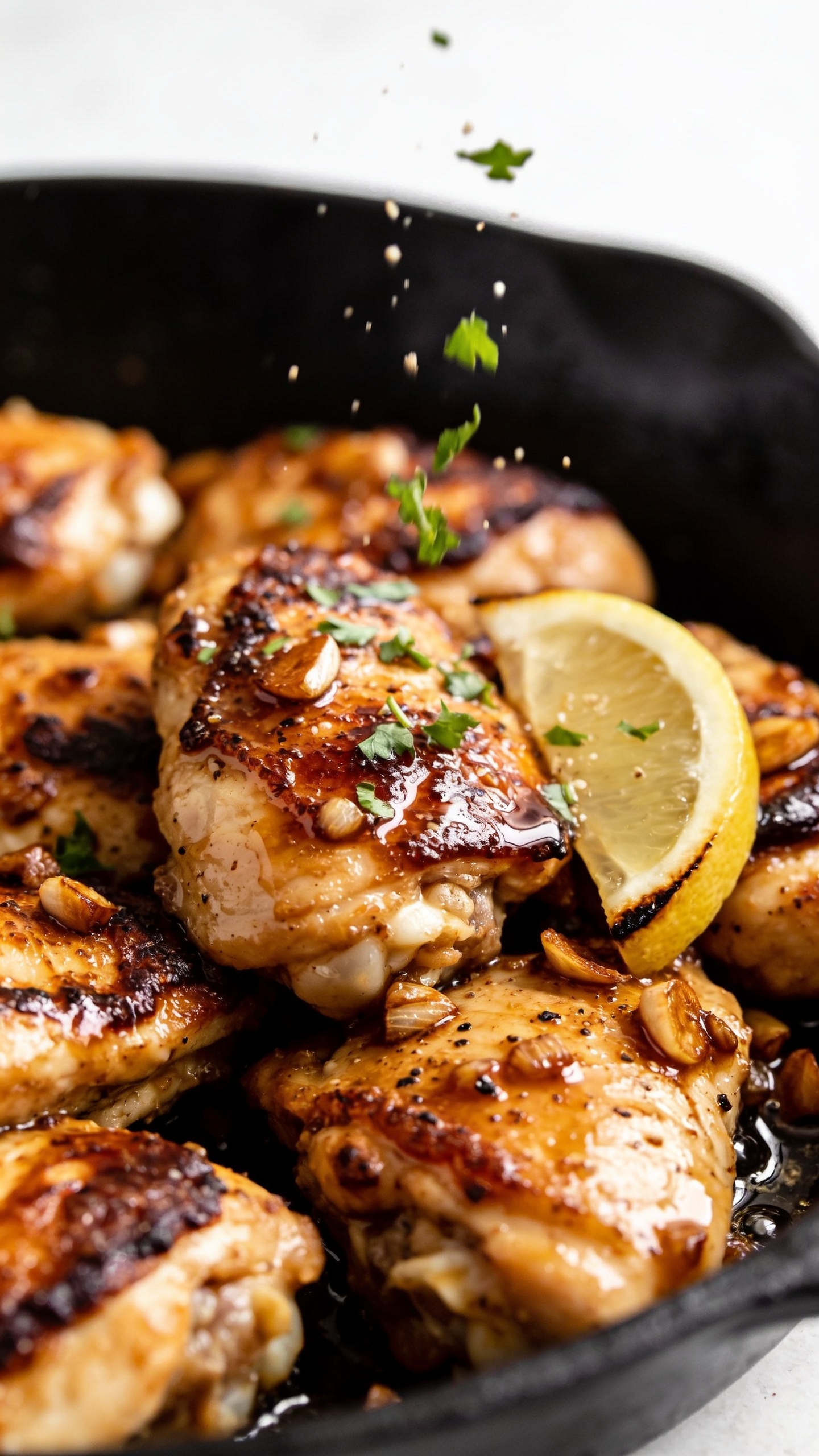 Extreme close-up angle from skillet edge: focus on a cluster of chicken pieces with deeply caramelized edges, sauce visibly bubbling in small glossy pools, browned garlic bits and flecks of black pepper throughout; a light sprinkle of chopped fresh parsley mid-fall, a few grains caught in motion; thin lemon wedge resting against chicken, edges slightly charred; bright natural side light, shallow depth of field isolating the juicy texture and sheen, food filling 90â95% of frame, cohesive with the same finished recipe.