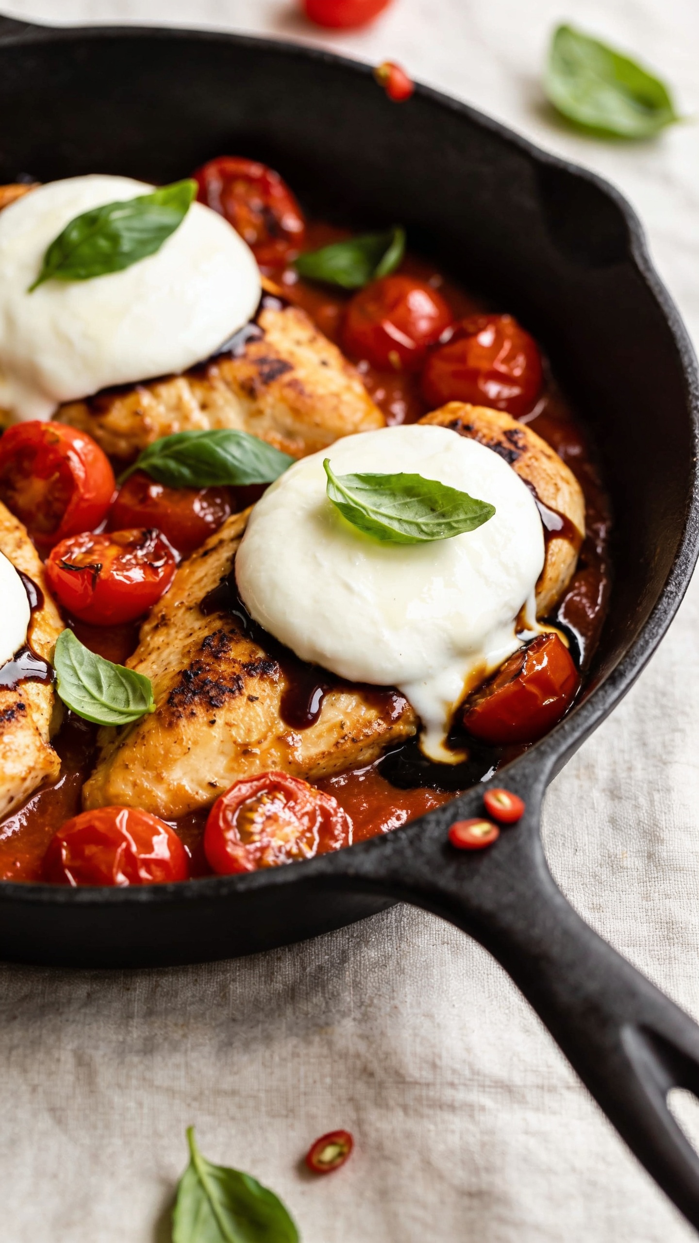 Ultra close-up hero shot of Caprese Chicken Skillet in a black cast-iron pan: golden seared chicken breasts nestled in a glossy balsamic-tomato pan sauce, crowned with thick, molten rounds of fresh mozzarella just beginning to ooze over the edges, halved blistered cherry tomatoes glistening, fresh basil leaves scattered on top, a light final drizzle of balsamic reduction pooling around the chicken. Bright natural side lighting, shallow depth of field, food filling 90â95% of frame, crisp textures on the sear, vibrant reds and greens, premium food-blog styling on a neutral linen with a few stray basil leaves and tomato seeds on the rim for realism.