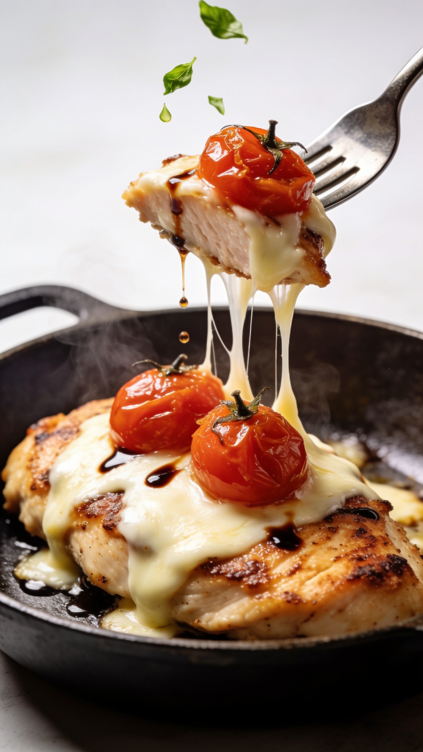 Dynamic action close-up: a fork lifting the perfect bite from the skilletâjuicy slice of seared chicken topped with stretchy melted mozzarella and a couple of glossy blistered cherry tomatoes clinging on, thin strands of cheese pulling back toward the pan, tiny droplets of balsamic glaze trailing, a few micro-tears of basil drifting down mid-air. Steam subtly rising, bright natural lighting, shallow depth of field focused on the lifted bite, the rest of the skillet softly blurred, food filling 90â95% of frame, no hands visible, high-contrast textures and irresistible movement.