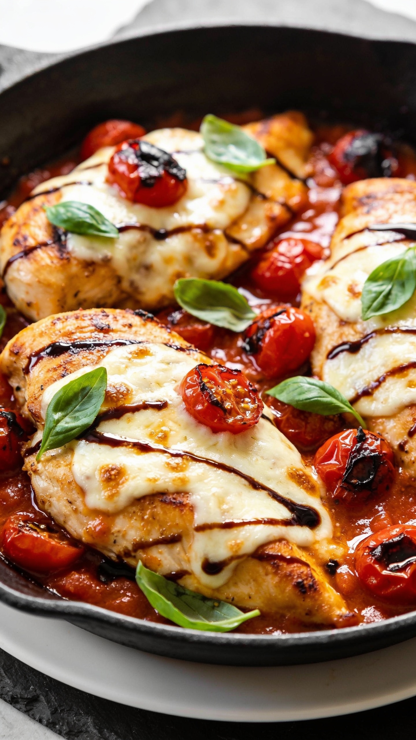 Extreme close-up angled overhead of a plated portion matching the skillet look: thick, golden-seared chicken breast smothered in gooey mozzarella, scattered with charred cherry tomatoes bursting into the balsamic-tomato sauce, glossy reduction lightly drizzled in ribbons, torn basil leaves freshly added for pop. Emphasize juicy edges, bubbling sauce sheen, cheese blistering, and vibrant color contrast. Bright natural window light, shallow depth of field, 90â95% frame filled with food on a simple white plate over a dark slate surface to make colors explode, cohesive with the skillet hero shot.