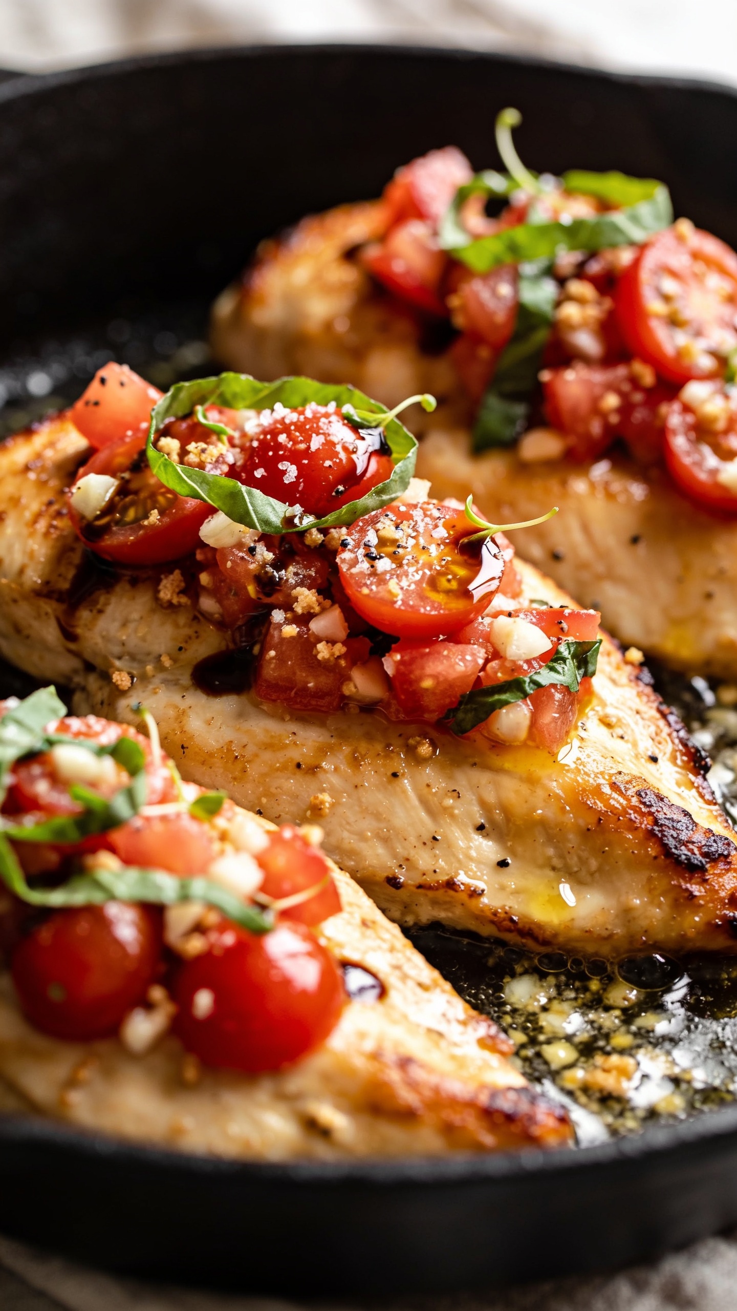 Ultra-close-up hero shot of Bruschetta Chicken Skillet: golden pan-seared chicken breasts in a matte black skillet, glistening with a light balsamic-garlic pan sauce; each piece topped with a generous, chunky bruschetta mix of ripe cherry tomatoes (halved), finely minced garlic, extra-virgin olive oil sheen, torn fresh basil ribbons, and a few micro-droplets of aged balsamic; a light sprinkle of flaky sea salt and cracked black pepper visible on the tomatoes; tiny toasted breadcrumb bits for subtle crunch; edges of chicken slightly crispy and caramelized; a soft blur of the skillet rim and a hint of rustic linen in the background; bright natural window light from the side, shallow depth of field, food filling 90â95% of frame, rich color contrast of glossy reds and vibrant greens against the golden chicken.