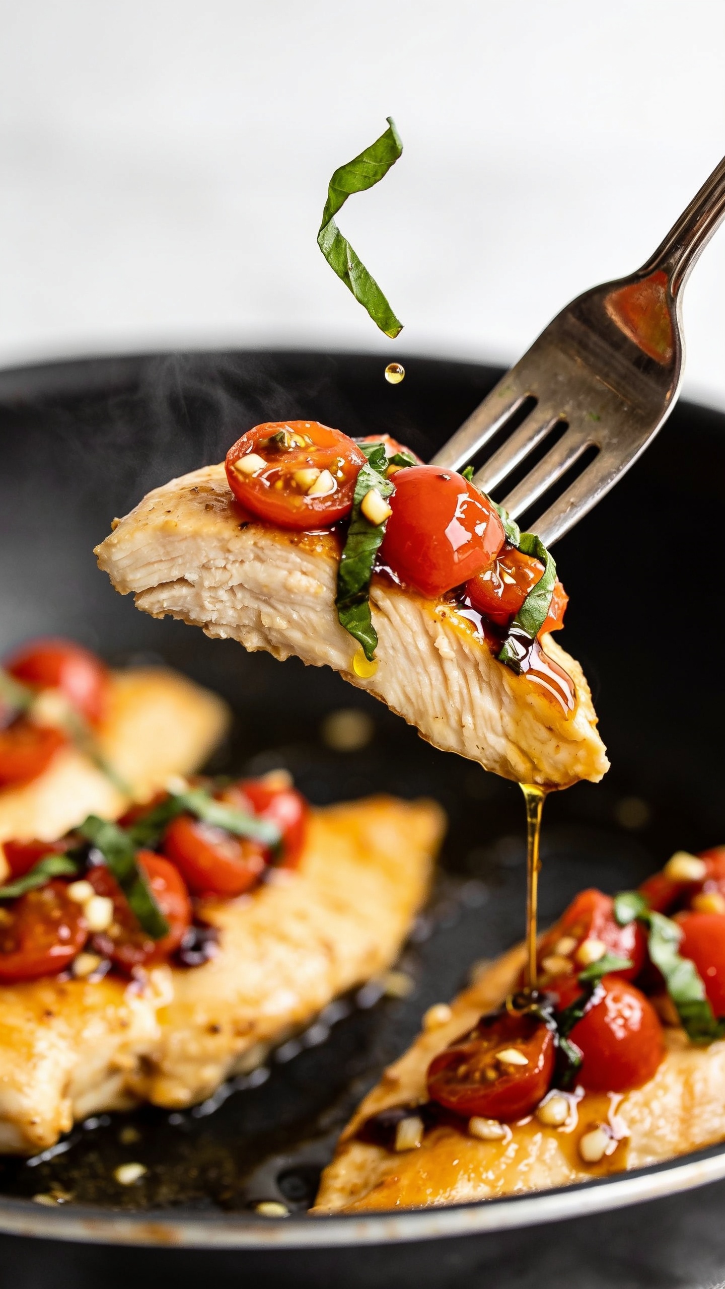 Dynamic action close-up: a polished fork lifting the perfect biteâstrip of juicy golden chicken topped with the glossy bruschetta mixture (halved cherry tomatoes, basil ribbons), a glimmering thread of balsamic-garlic pan sauce trailing back to the skillet; tiny droplets of olive oil catching the light; one basil ribbon mid-fall above the bite; steam faintly visible; background shows the same skillet with remaining chicken breasts and tomato topping softly out of focus; bright natural lighting, shallow depth of field, food filling 90â95% of frame, no hands visible, irresistible anticipation one second before the bite.
